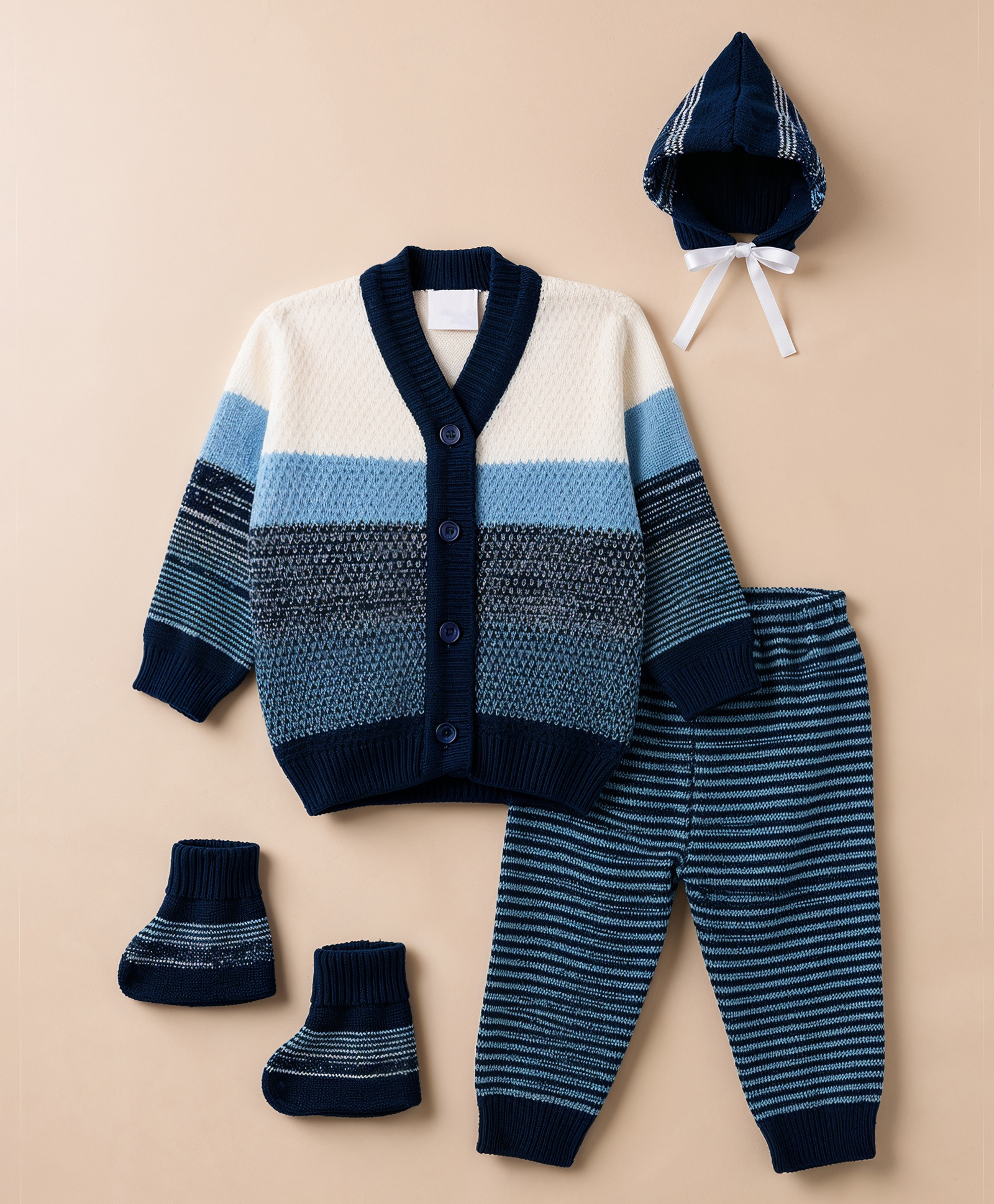 Babyhug Knit Full Sleeves Striped Sweater Set With Cap & Booties - Navy Blue-picture-26