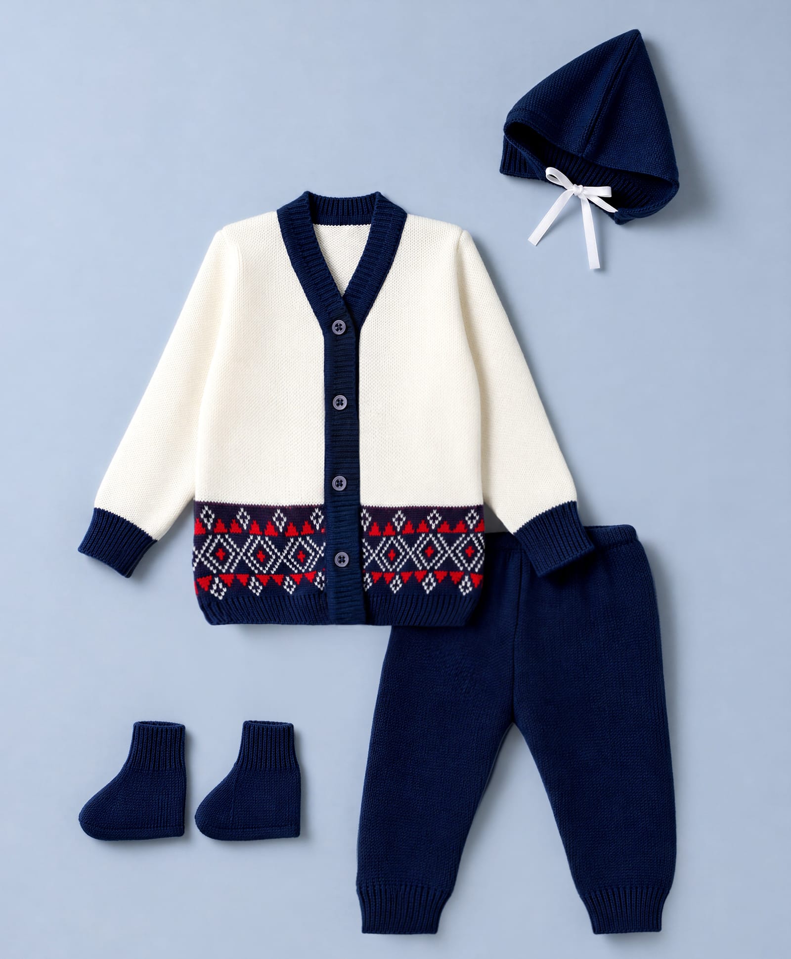 Babyhug Knit Full Sleeves Front Open Argyle Designed Sweater Set with Cap & Booties - Navy & White-picture-19
