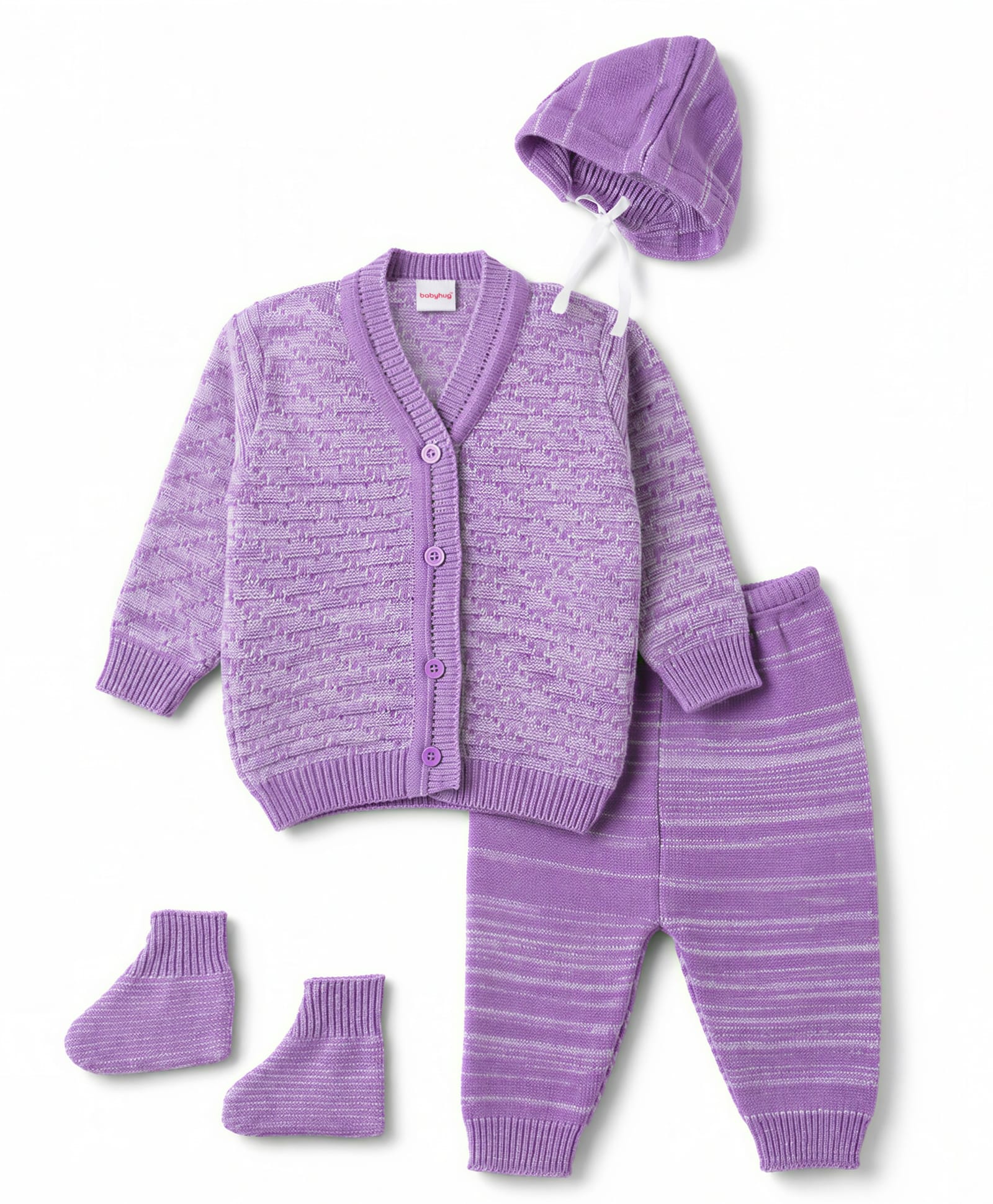 Babyhug Knit Full Sleeves Solid Textured Sweater Set With Booties & Cap - Purple-picture-17