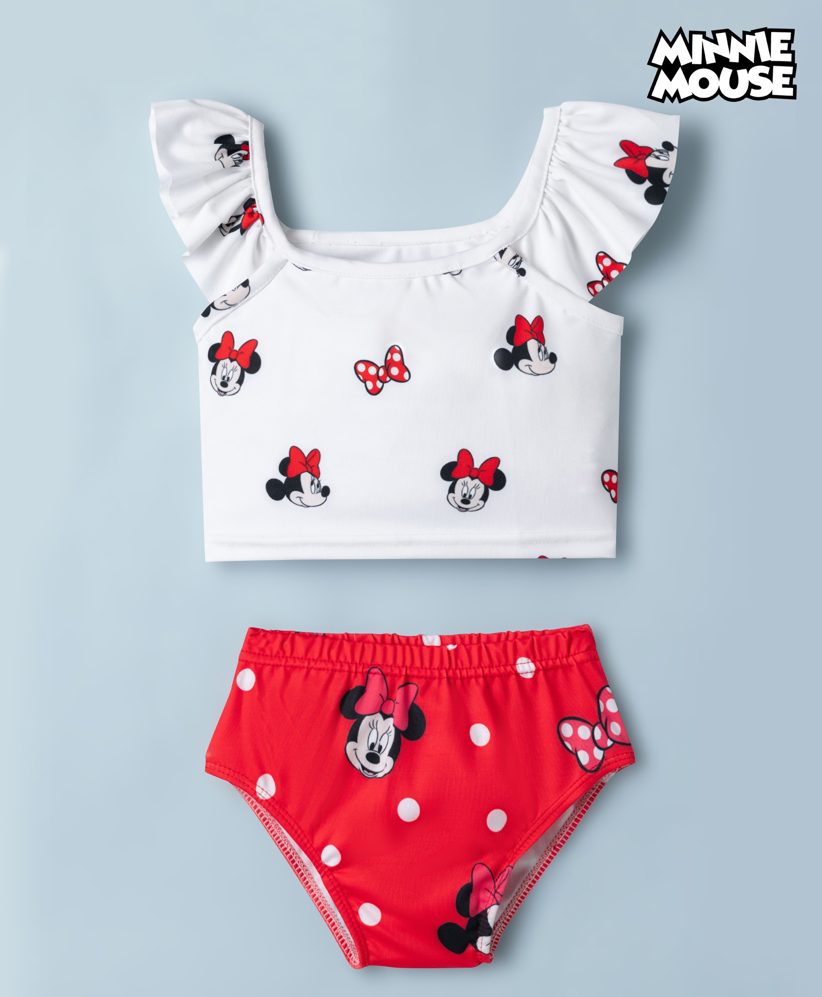 Babyhug Disney Sleeveless Two Piece Swimsuit With Minnie Mouse Family Graphic - White-image-3