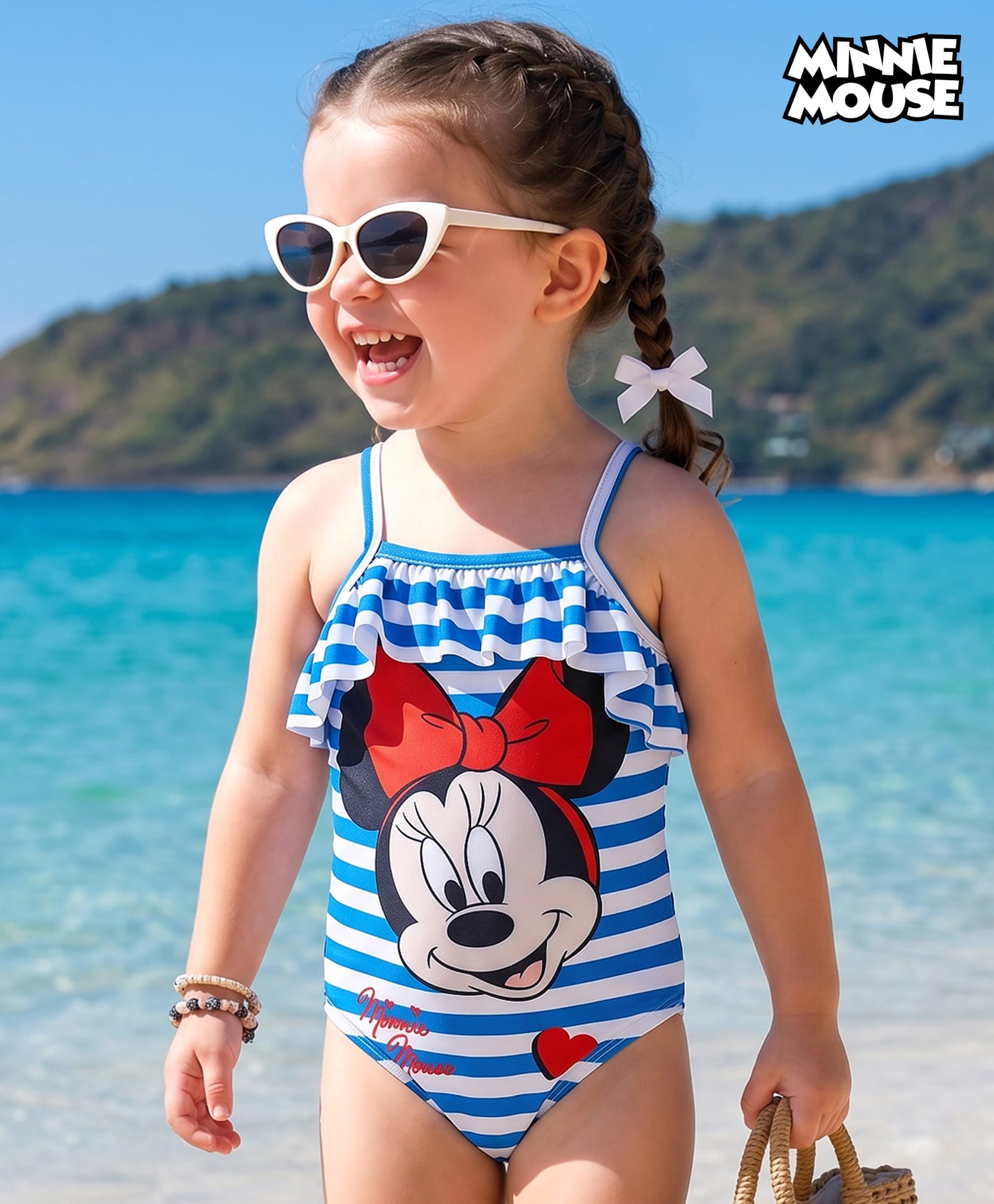 Babyhug Disney Sleeveless V Cut Swimsuit with Frill Design & Minnie Mouse Print - Blue-picture-16
