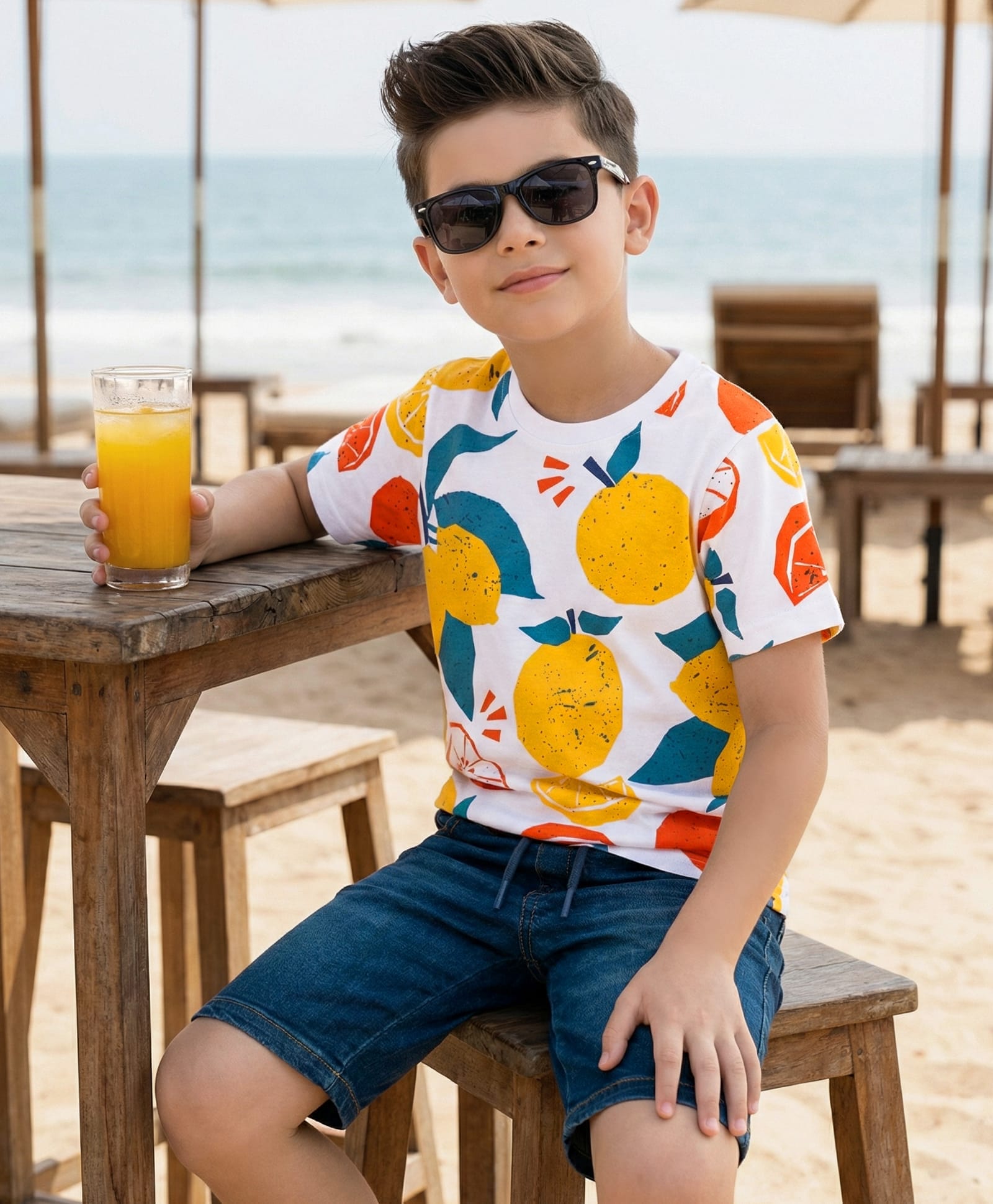 OLLINGTON ST. Cotton Knit Half Sleeves Printed T-Shirt & Stretchable Denim Shorts Set - Multicolour & Indigo-picture-17