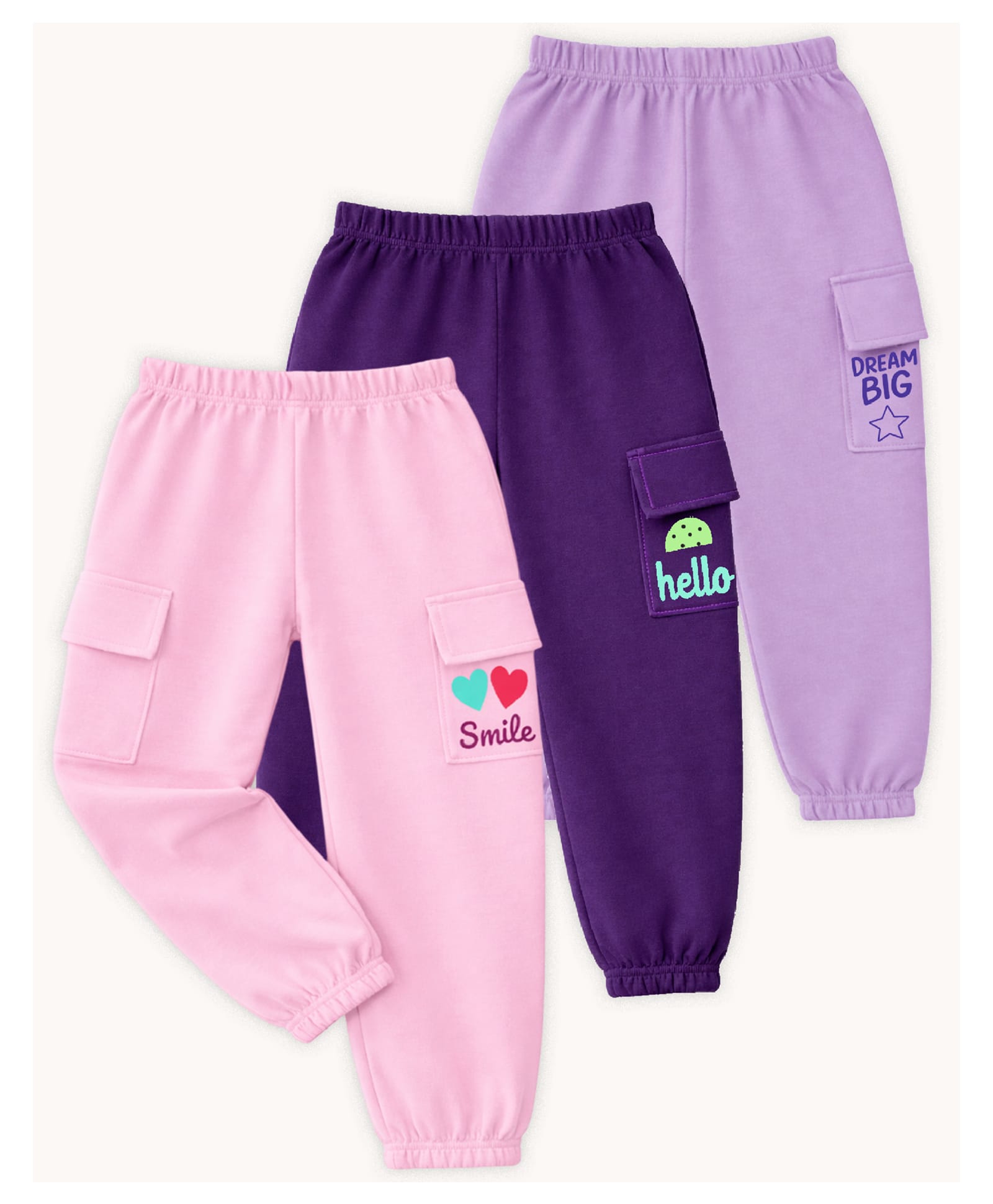 KUCHIPOO Cotton Blend Knit Pack Of 3 Typography Printed Joggers - Lavender Dark Purple & Pink-image-21