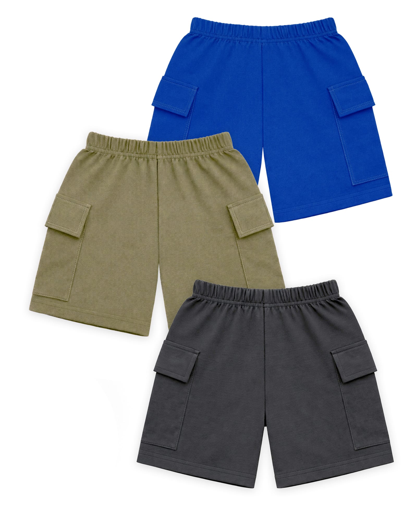 KUCHIPOO Cotton Blend Knit Pack Of 3 Solid Cargo Shorts - Royal Blue Olive Green & Dark Grey-picture-14