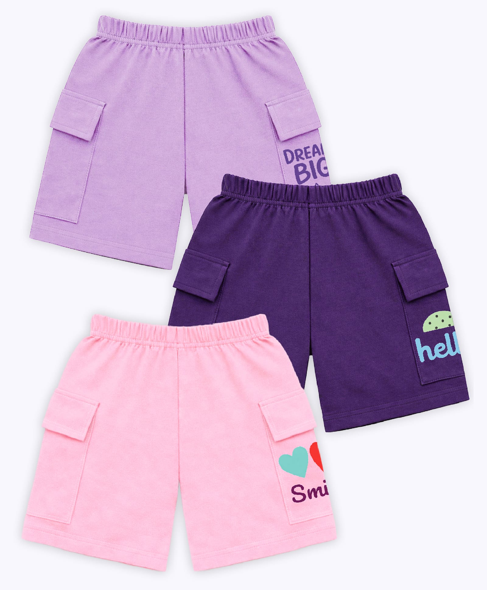 KUCHIPOO Cotton Blend Knit Pack Of 3 Typography Printed Cargo Style Shorts - Lavender Dark Purple & Pink-picture-15