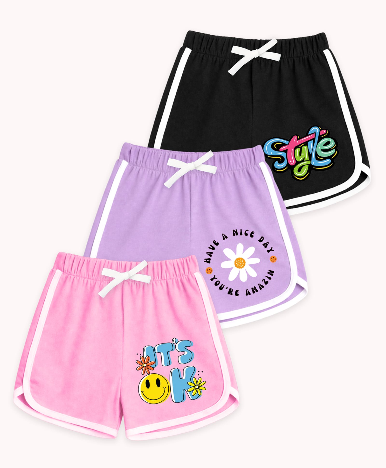 KUCHIPOO Cotton Blend Knit Pack Of 3 Typography & Floral Printed Dolphin Shorts - Black Lavender & Pink-picture-3