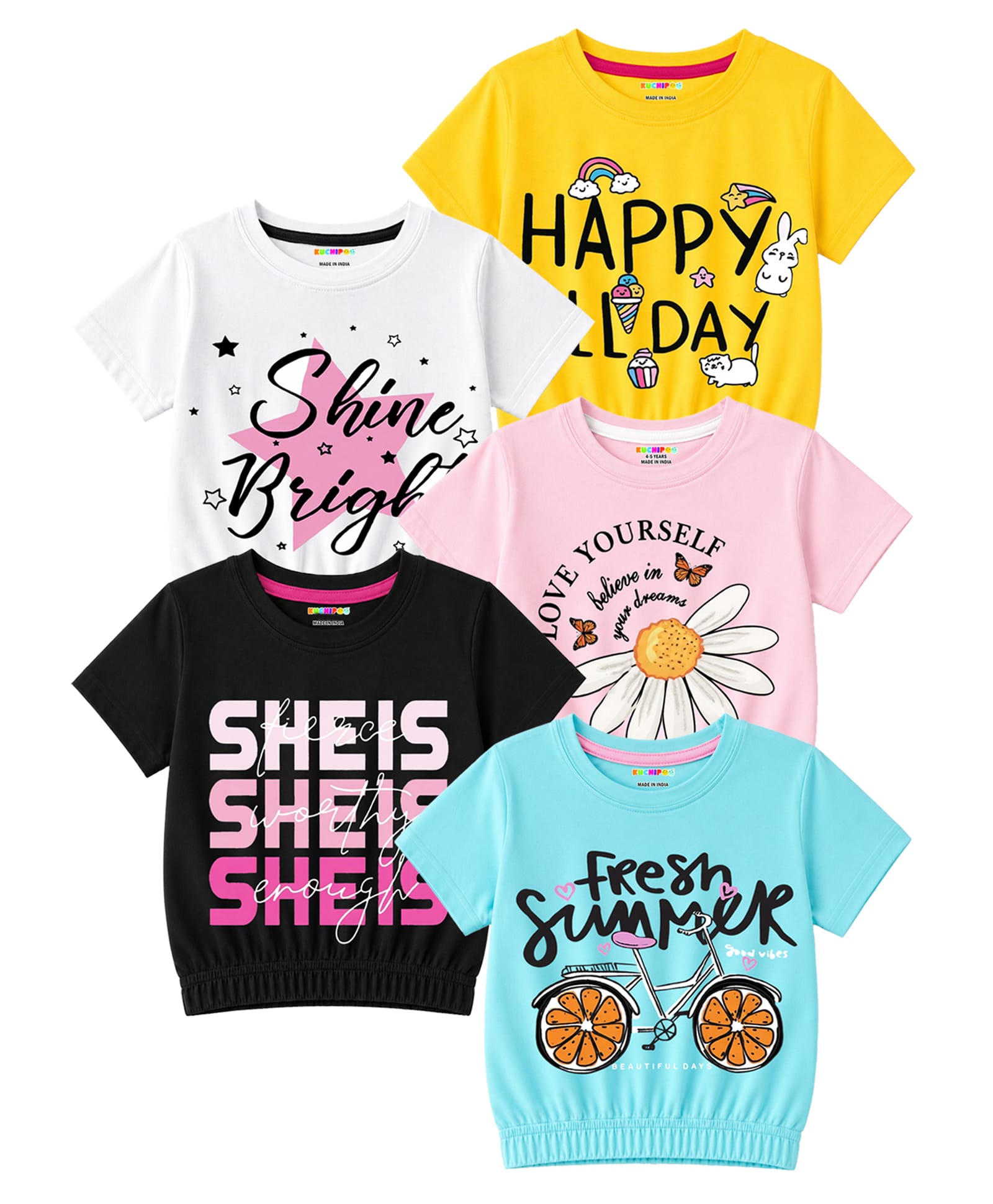KUCHIPOO Cotton Blend Knit Pack Of 5 Half Sleeves Floral Happy All Day & Shine Bright Text Printed Tees - Yellow White Pink Black & Sky Blue-image-34