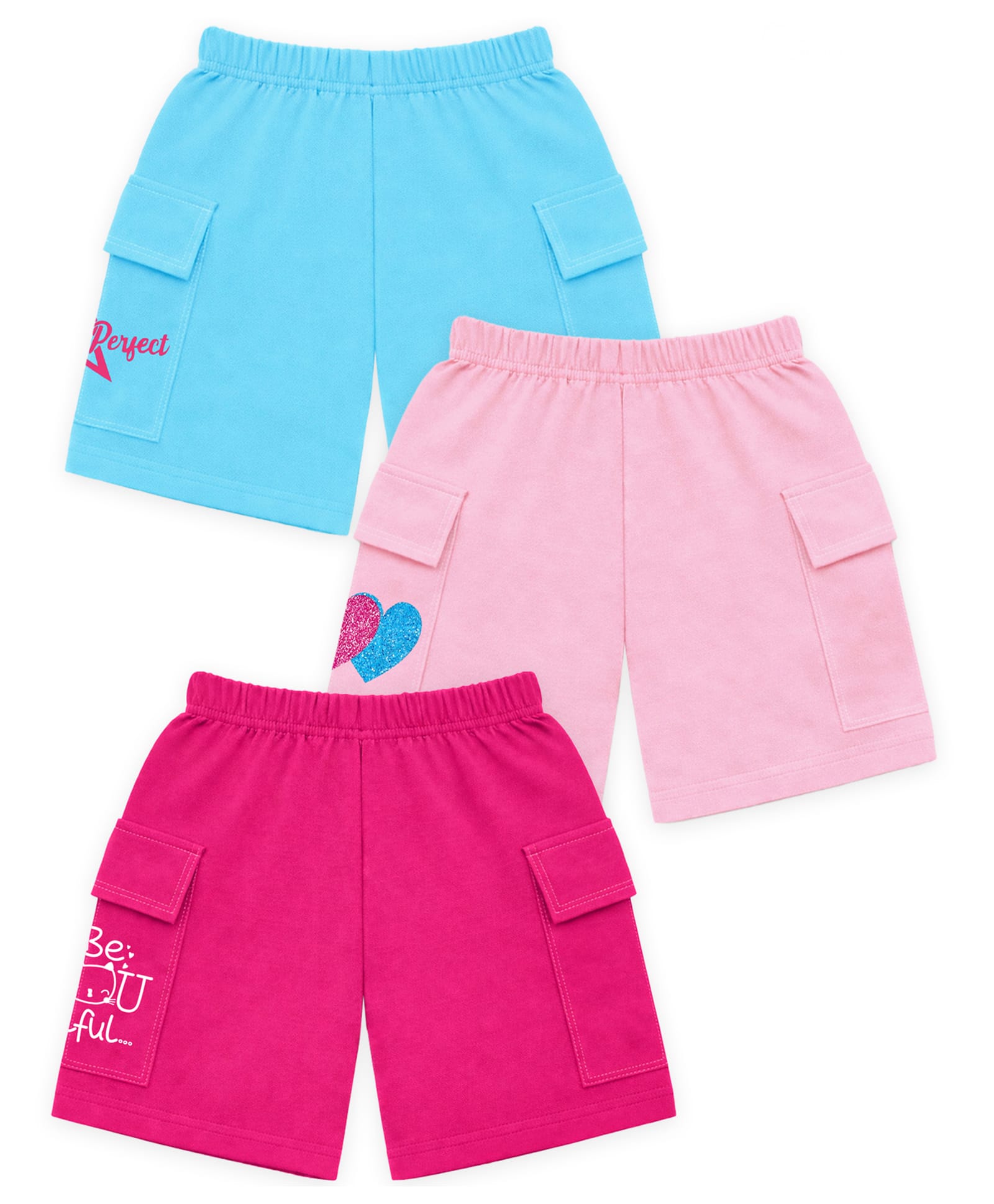 KUCHIPOO Cotton Blend Knit Pack Of 3 Knit Heart & Typography Printed Cargo Style Shorts - Sky Blue Pink & Magenta-picture-26