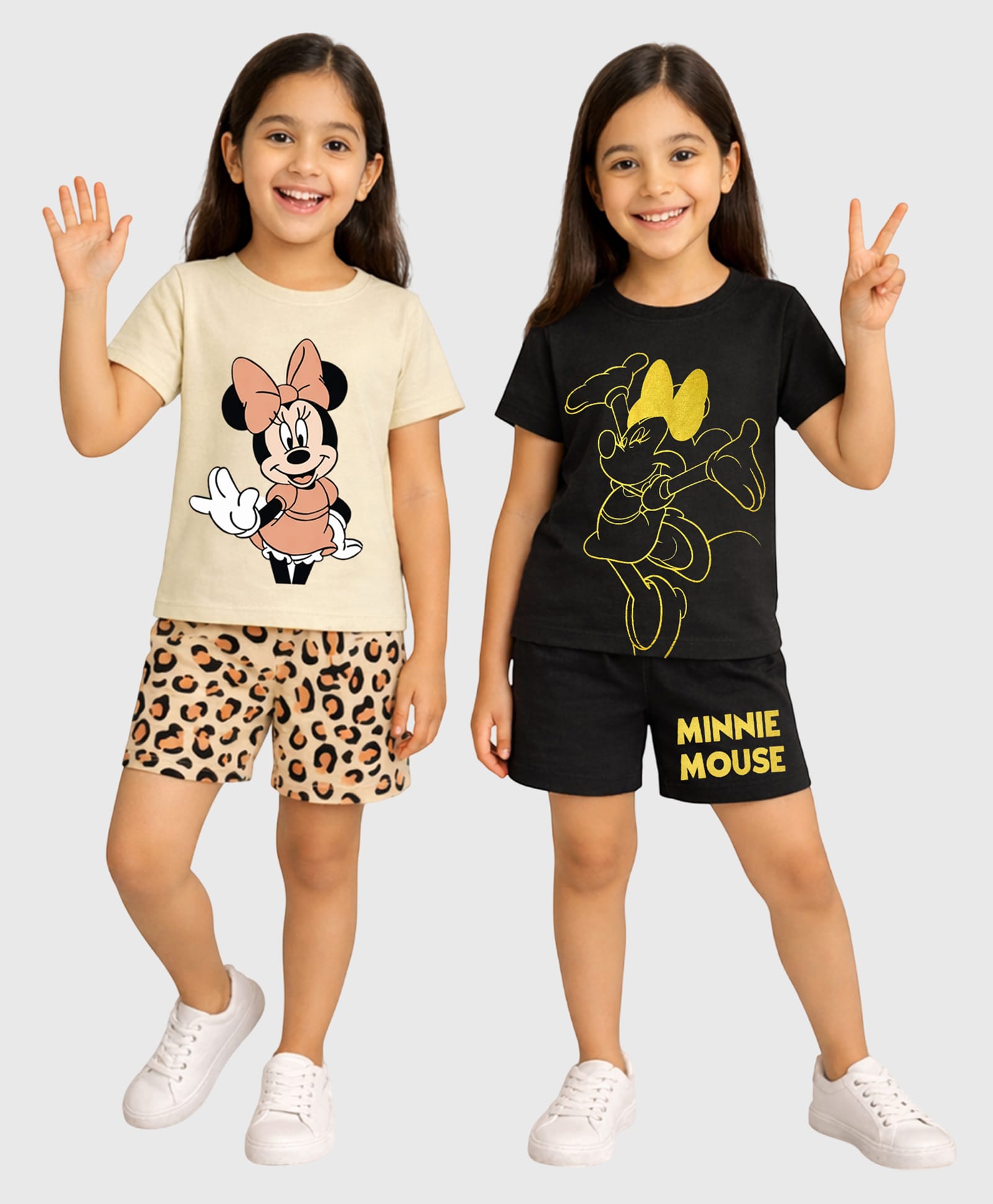 KUCHIPOO Cotton Blend Knit Mickey & Friends Featuring Pack Of 2 Half Sleeves Minnie Mouse Printed Tees & Shorts Set - Black & Cream-image-44