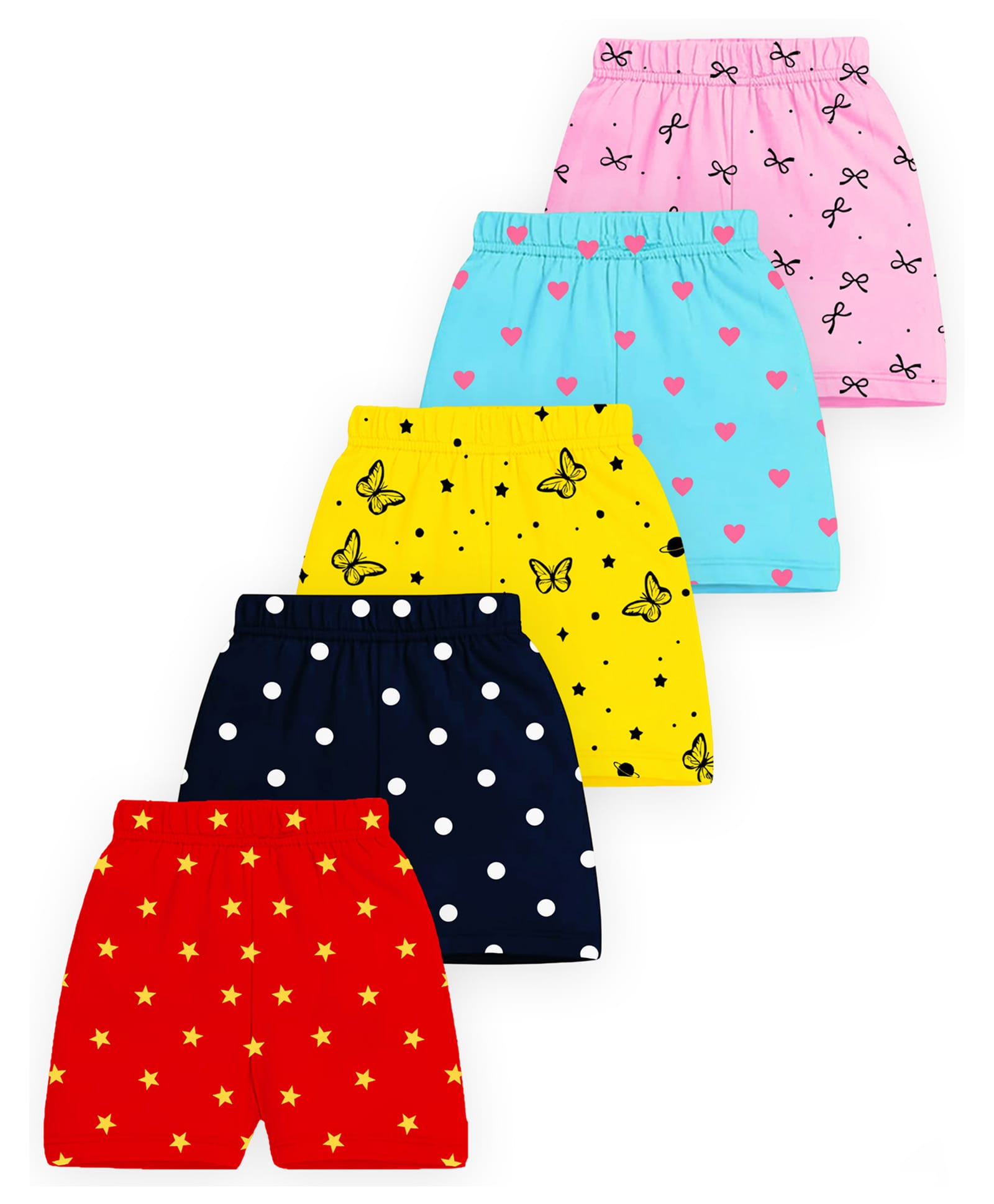 KUCHIPOO Cotton Blend Knit Pack Of 5 Polka Dots Hearts & Butterfly Printed Shorts - Red Sky Blue Yellow Navy Blue & Pink-picture-14