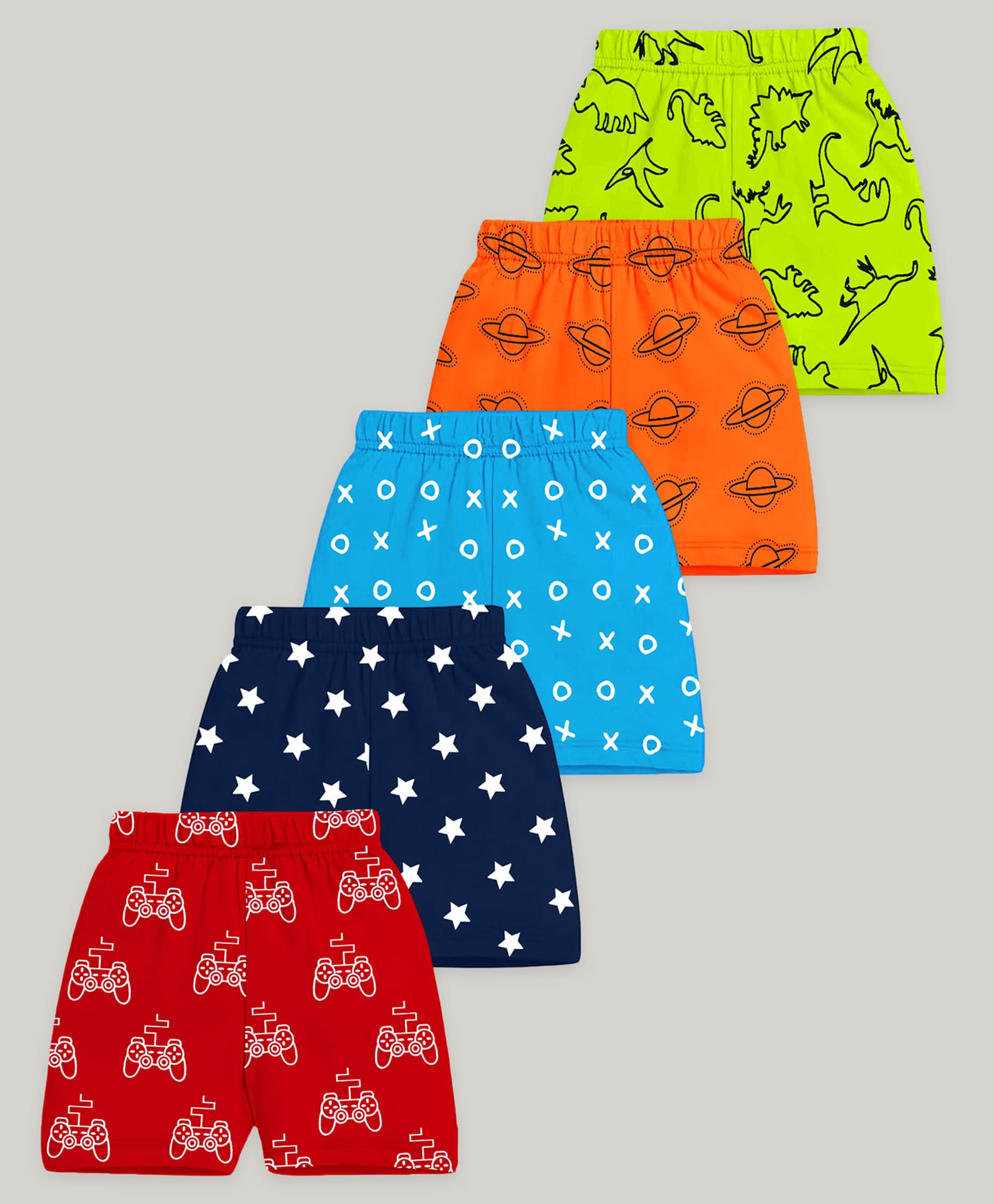 KUCHIPOO Cotton Blend Knit Pack Of 5 Stars Dinosaurs & Planet Printed Shorts - Neon Green Orange Sky Blue Navy Blue & Red-picture-21