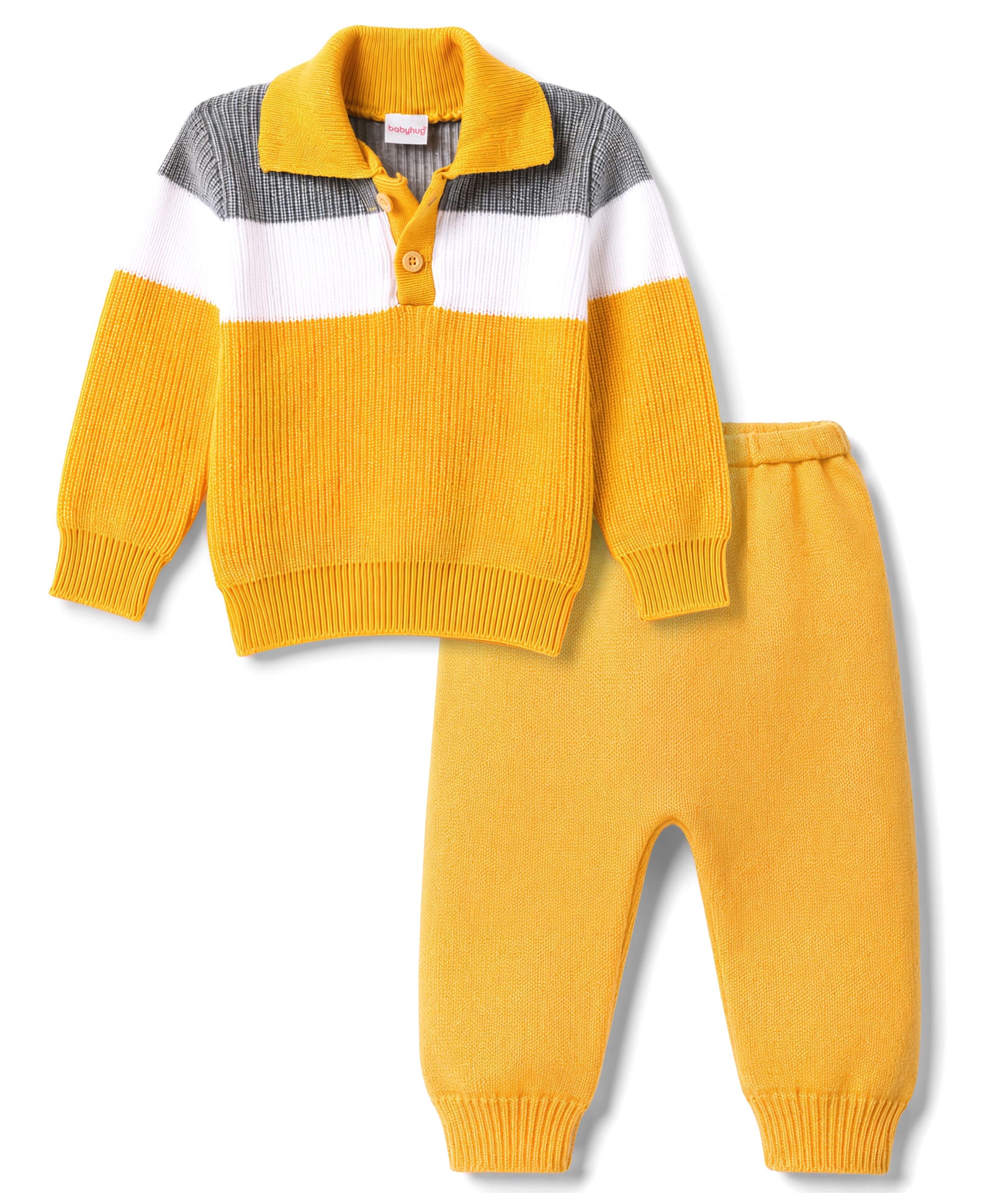 Babyhug Knitted Full Sleeves Striped Sweater Set - Mustard-image-40