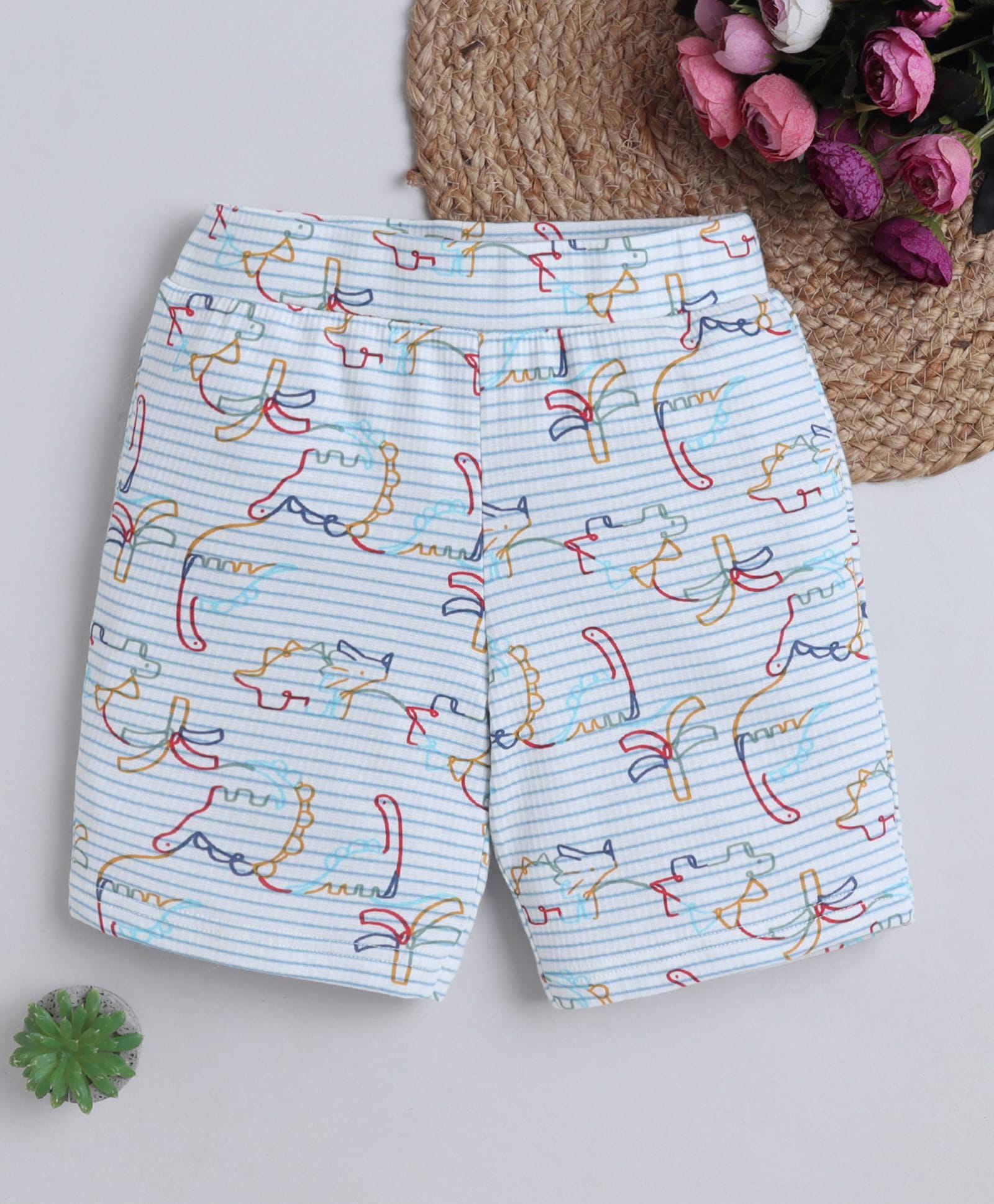 BABY NATION Cotton Knit Striped & Dinosaur Printed Shorts - White-picture-19