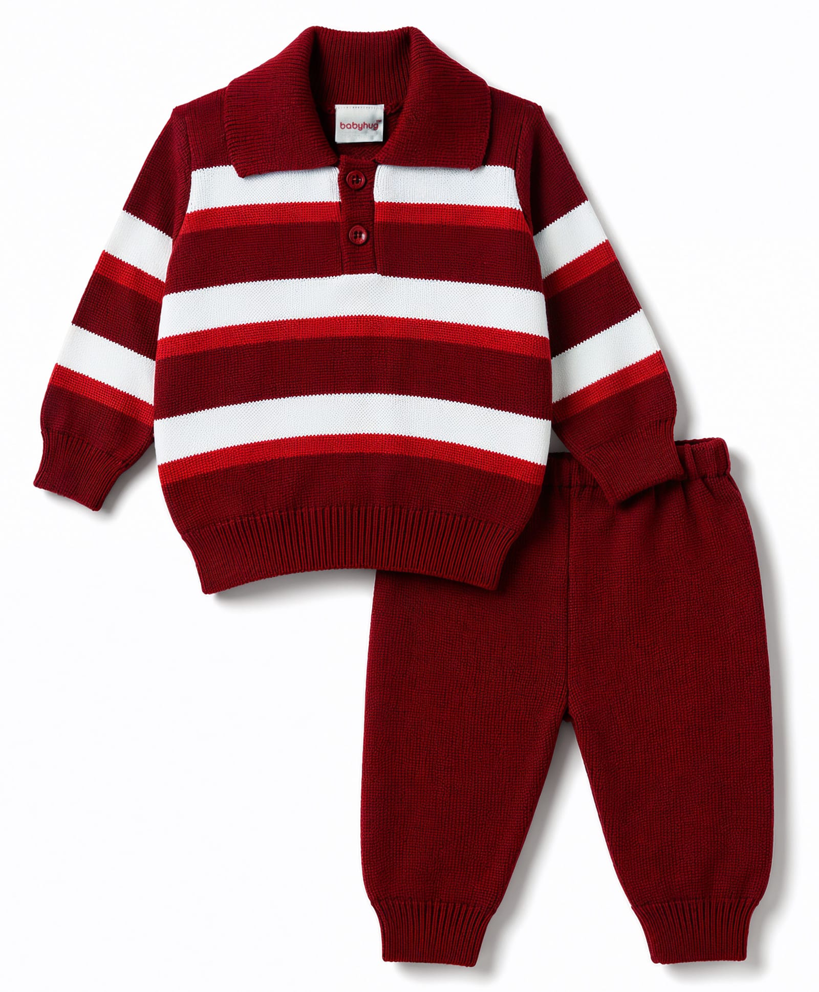 Babyhug Knit Full Sleeves Striped Sweater & Pant Set - Maroon-picture-19