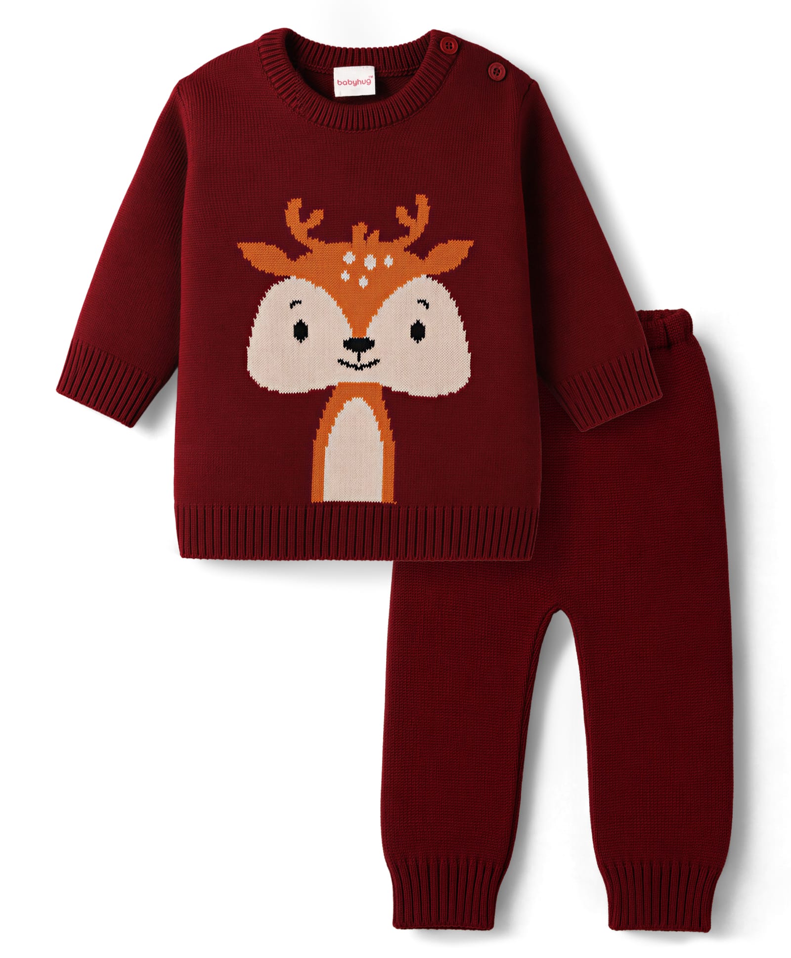 Babyhug Knitted Full Sleeves Sweater Set With Deer Design - Maroon-picture-25