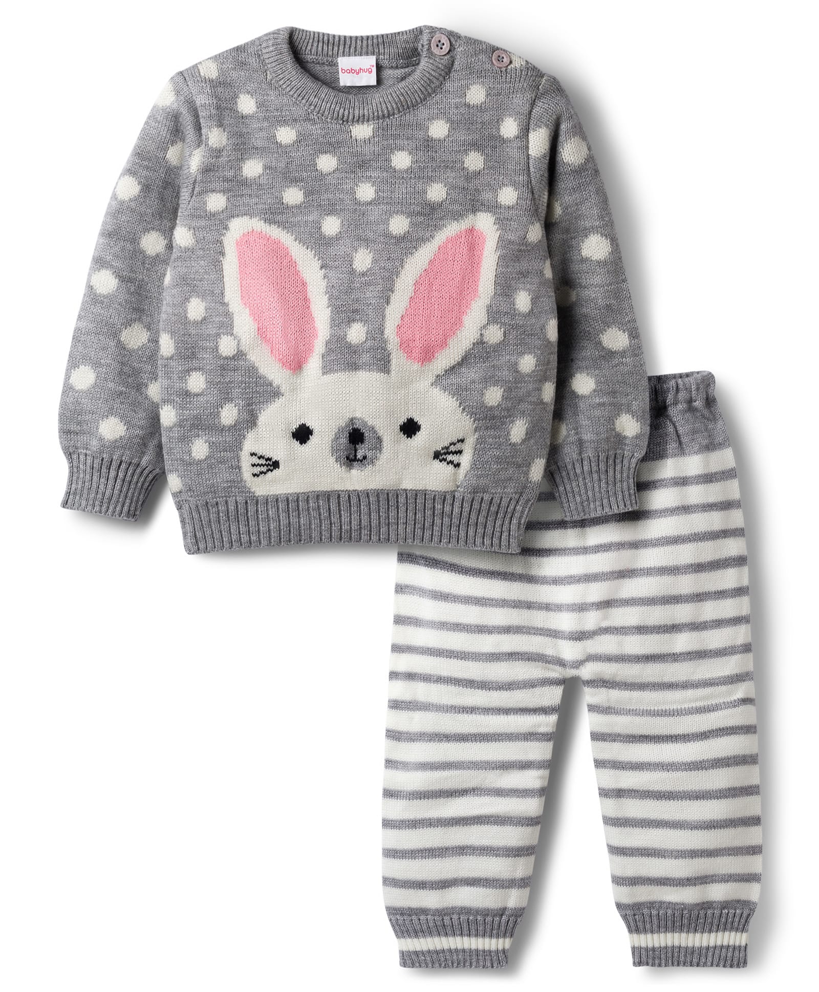 Babyhug Knit Full Sleeves Sweater Set With Stripes & Polka Dots & Bunny Design - Grey-picture-20