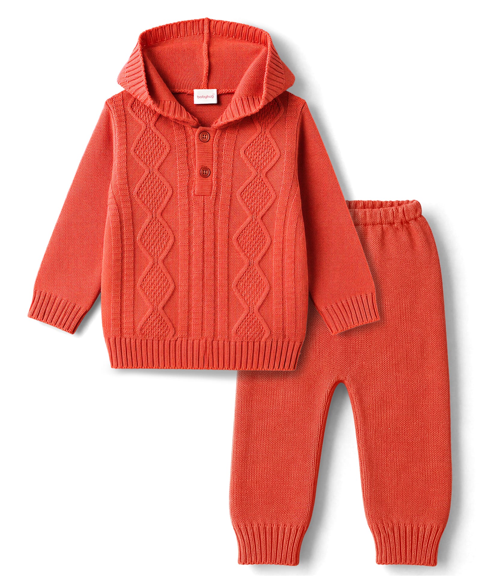 Babyhug Knitted Full Sleeves Hooded Sweater Set - Red-picture-26