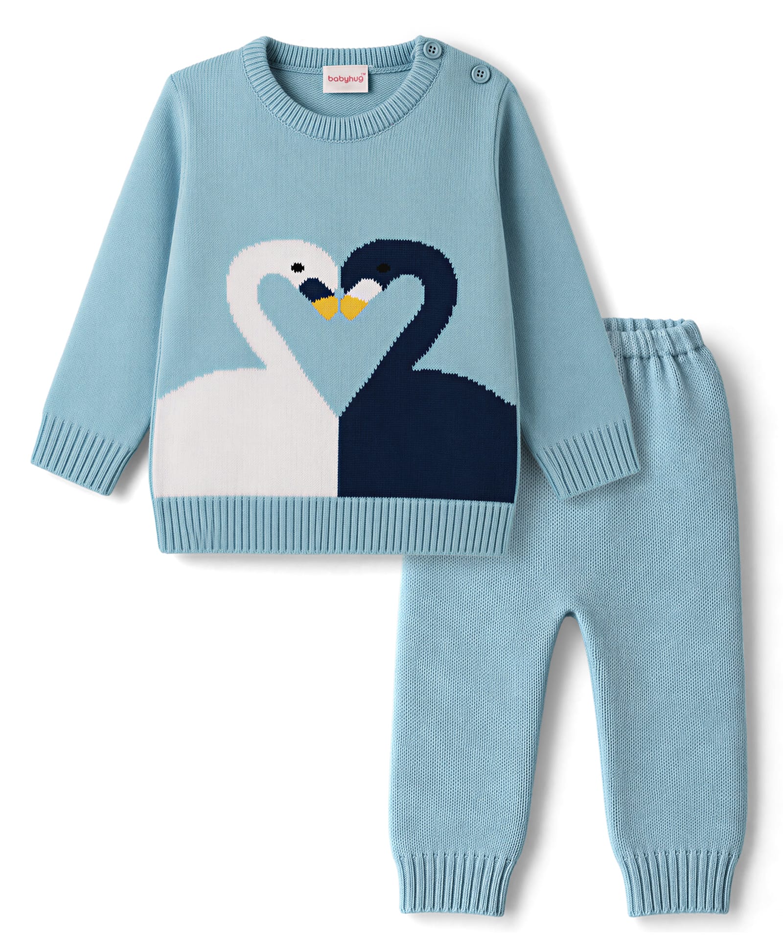 Babyhug Knitted Full Sleeves Sweater Set With Swan Print - Light Blue
