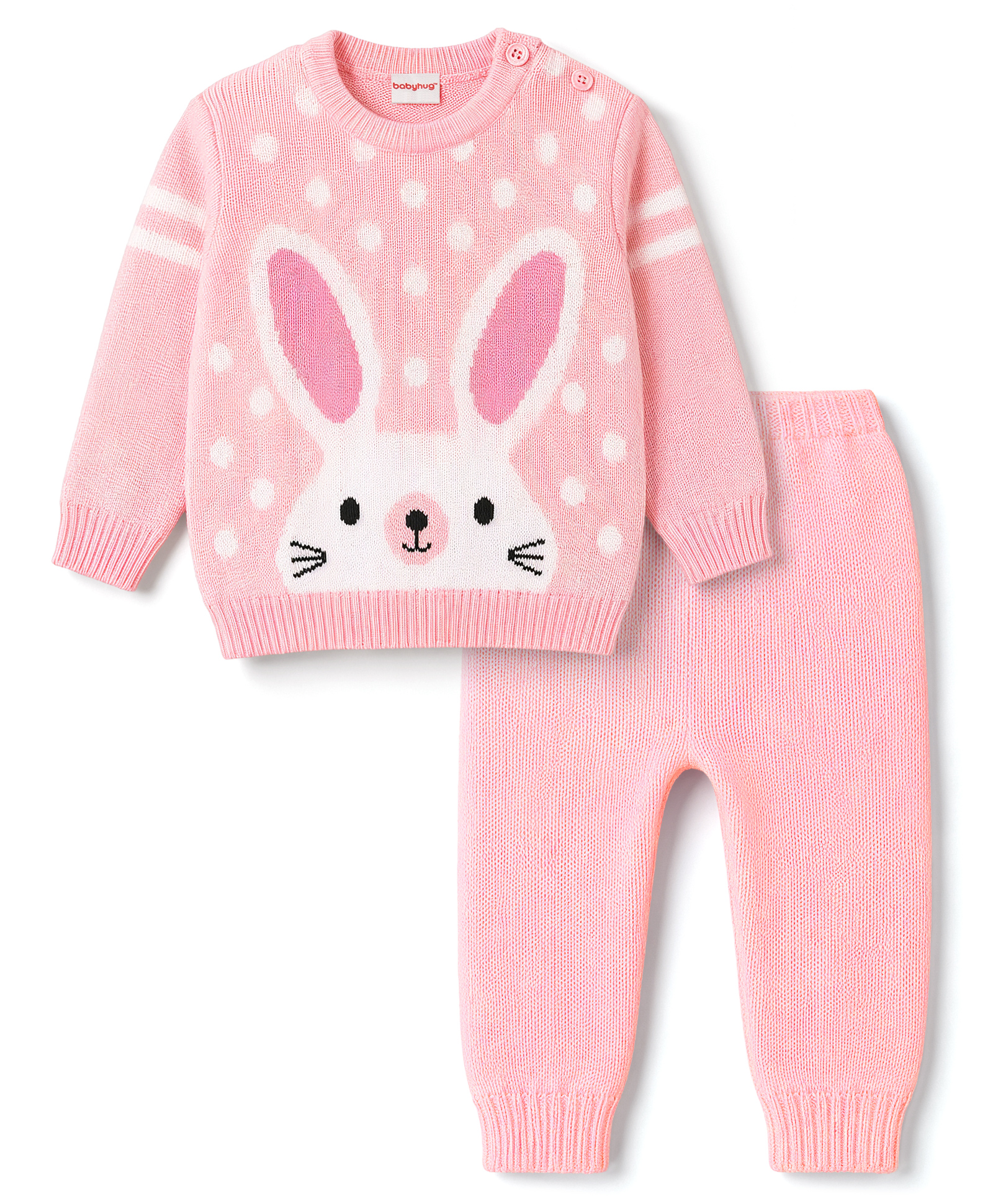 Babyhug Knitted Full Sleeves Sweater Set With Bunny Print - Pink