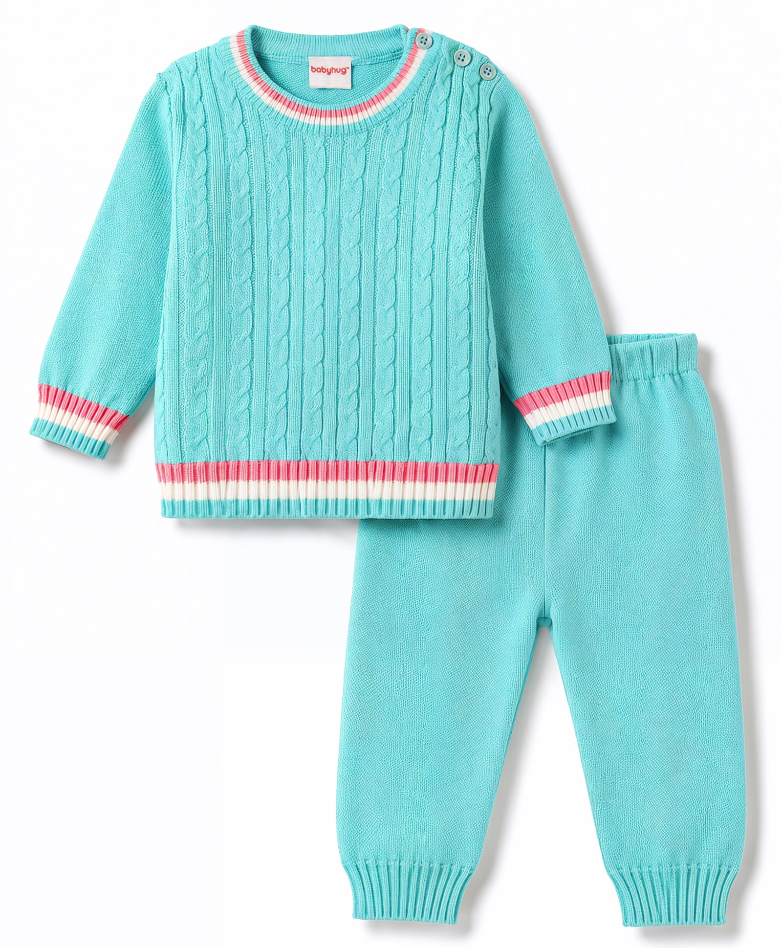 Babyhug Knitted Full Sleeves Solid Sweater Set with Cable Knit Design - Light Blue-picture-35