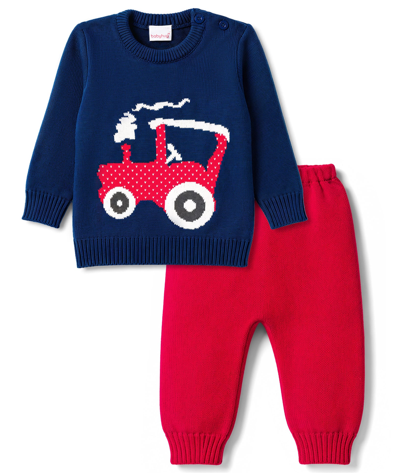 Babyhug Knitted Full Sleeves Sweater Set With Tractor Design - Navy Blue-image-37