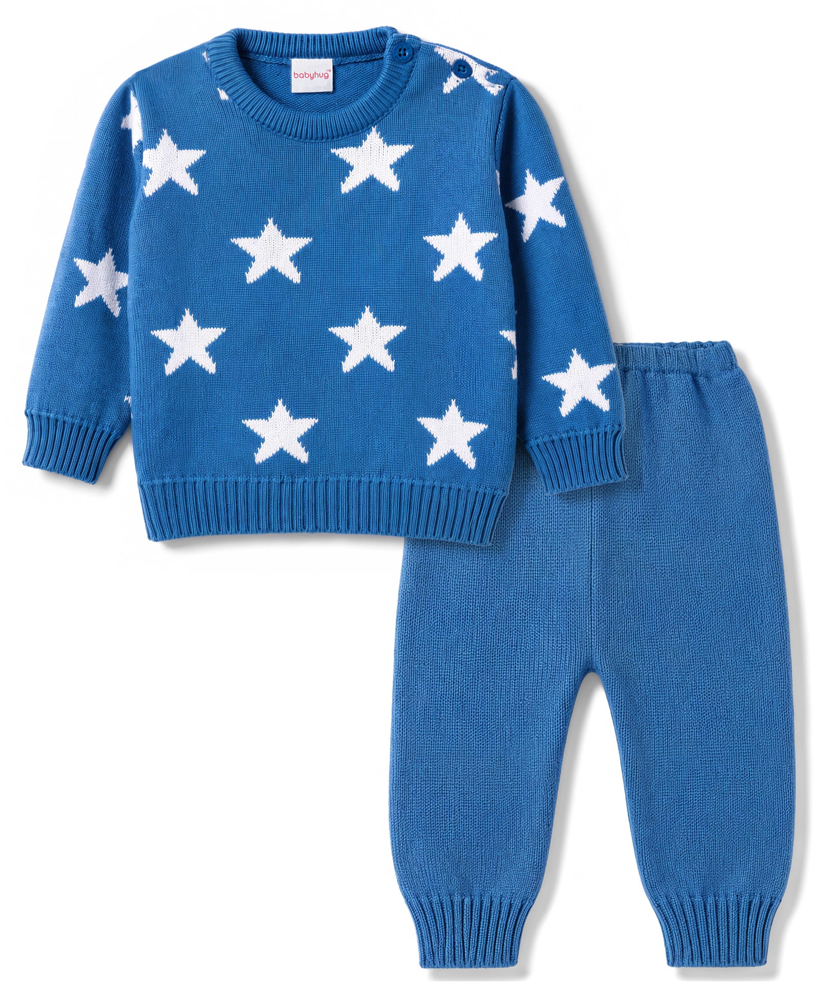 Babyhug Knitted Full Sleeves Sweater Set With Star Design - Blue-picture-21
