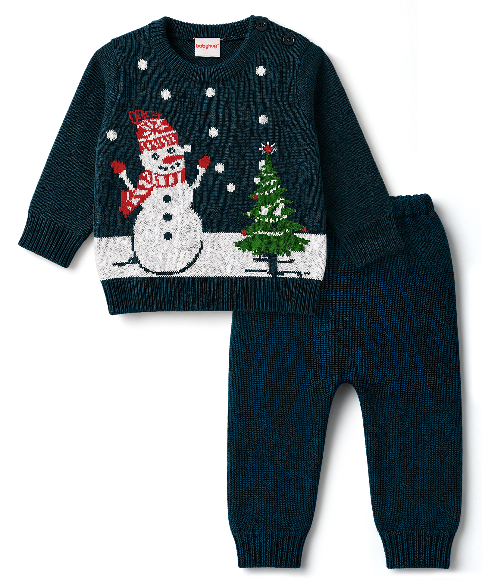 Babyhug Knitted Full Sleeves Sweater Set With Snowman Design - Navy Blue-picture-22