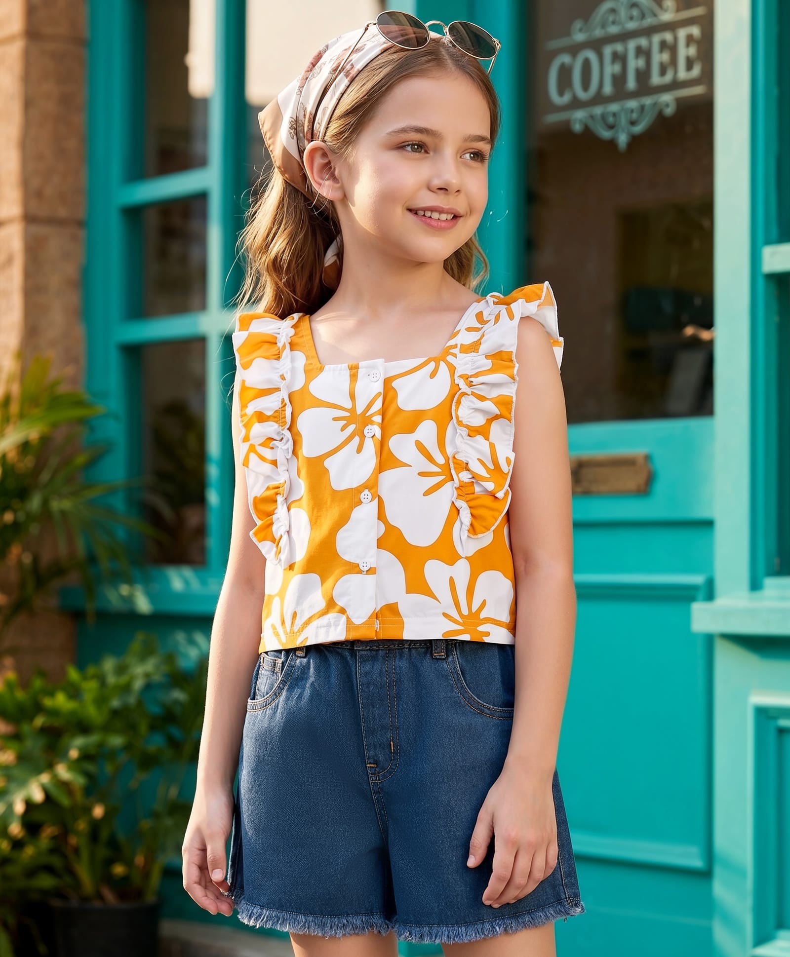 OLLINGTON ST. Cotton Knit Sleeveless Floral Printed Top & Stretchable Denim Shorts - Multicolour & Indigo-image-20