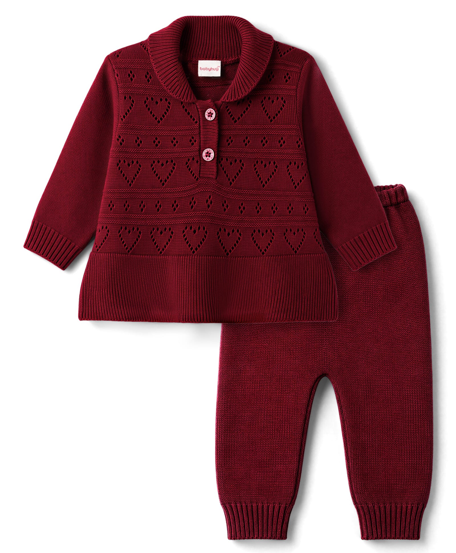 Babyhug Knitted Full Sleeves Sweater Set - Wine-picture-22