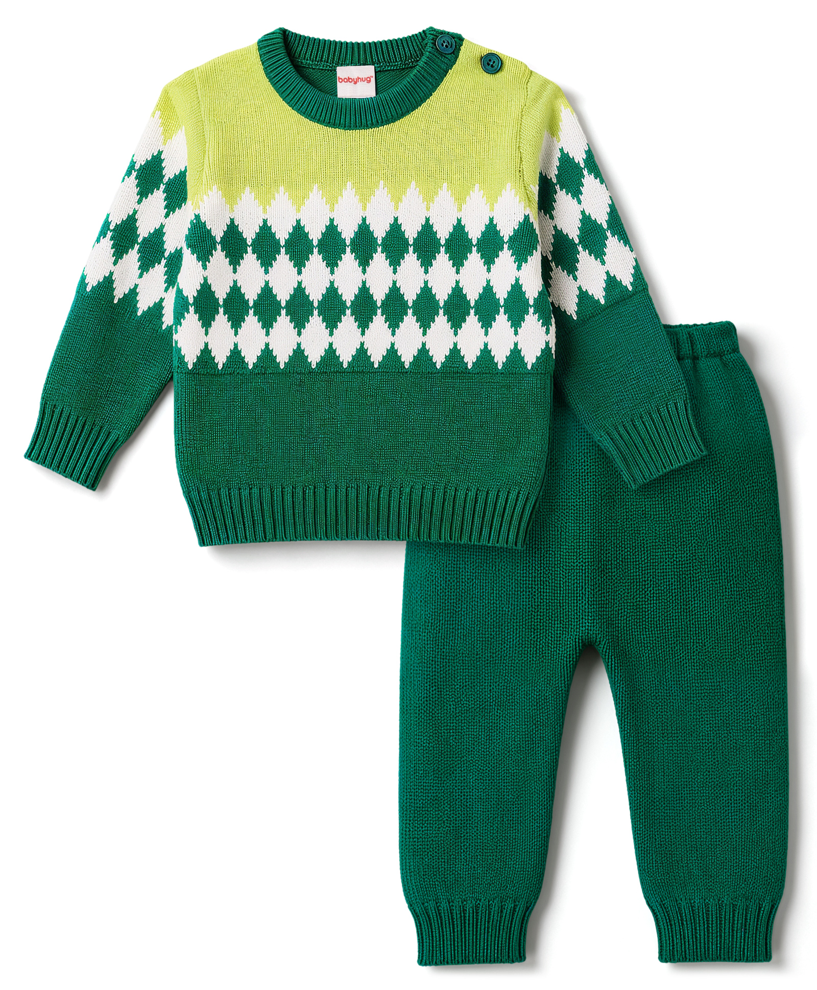 Babyhug Knitted Full Sleeves Sweater Set - Green-image-0