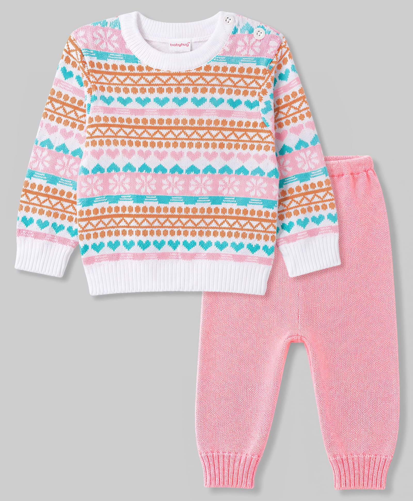 Babyhug Knitted Full Sleeves Sweater Set With Floral Design - Pink-picture-16