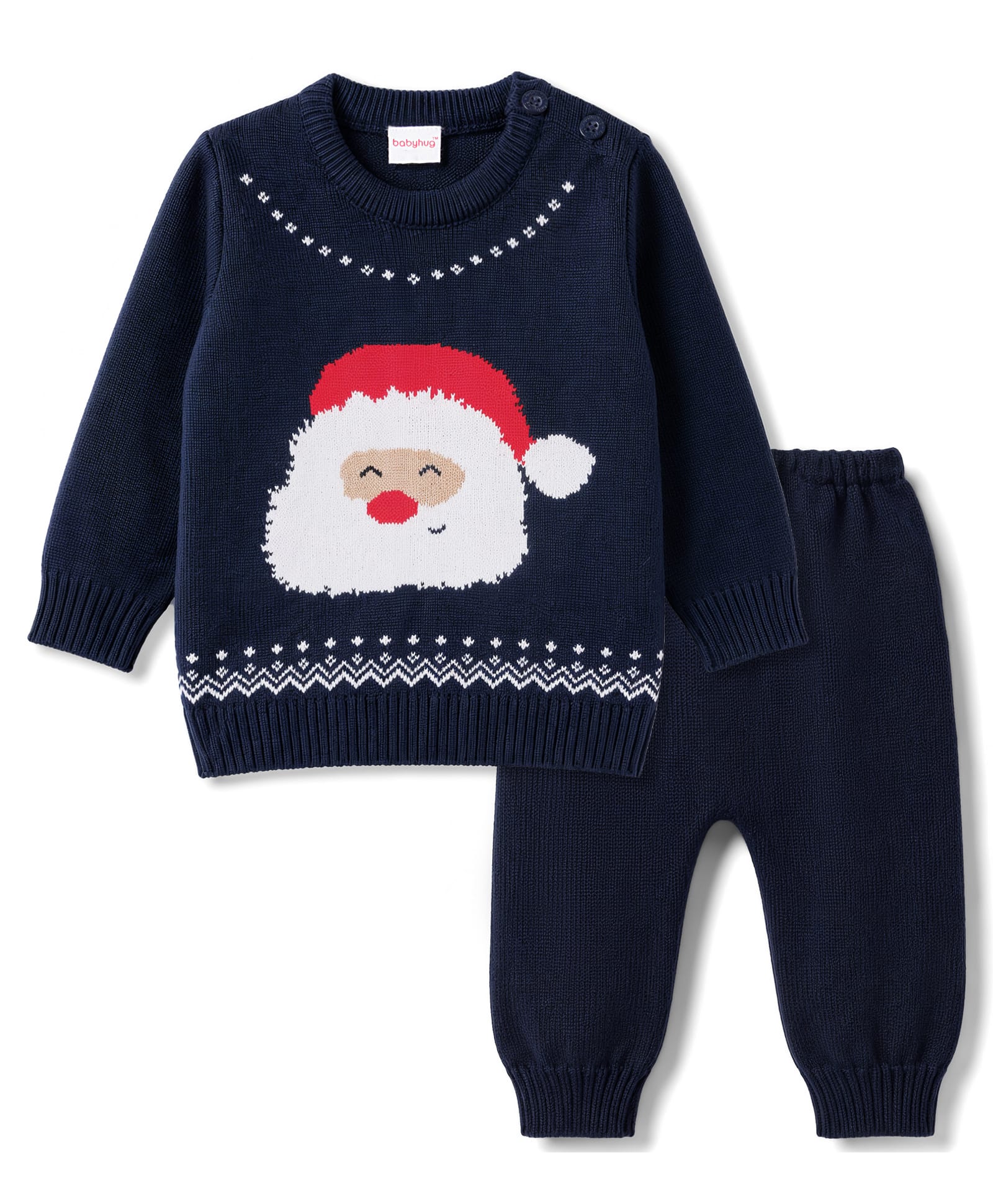 Babyhug Knitted Full Sleeves Sweater Set With Santa Design - Navy Blue-image-39