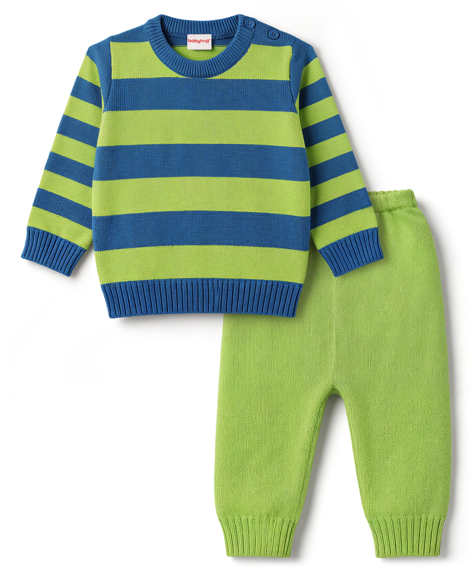 Babyhug Knitted Full Sleeves Striped Sweater Set - Green-picture-24