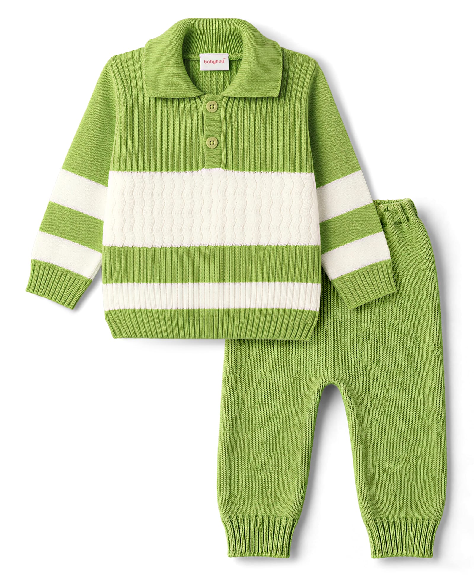 Babyhug Knitted Full Sleeves Striped Sweater Set - Green-picture-28