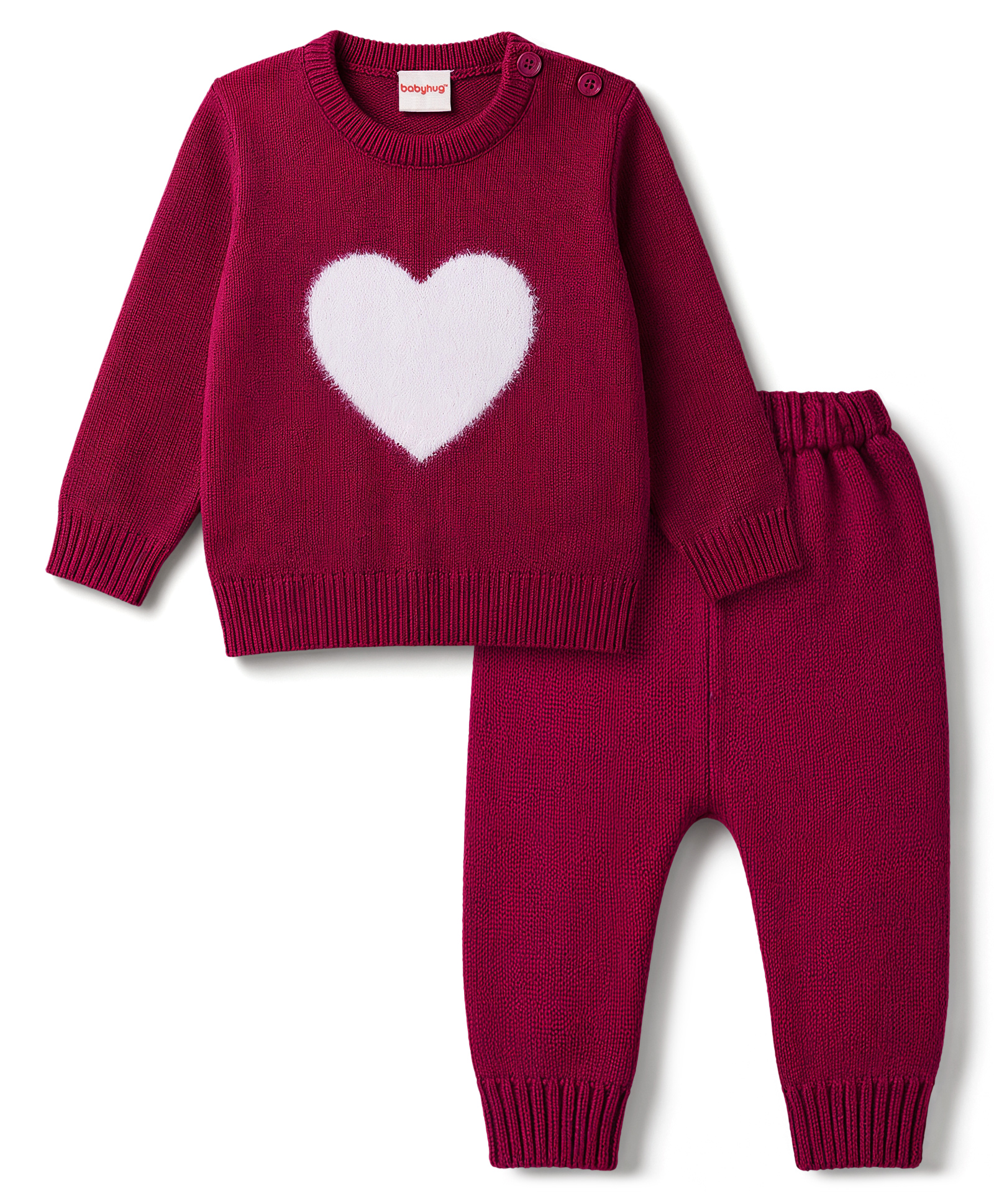Babyhug Knitted Full Sleeves Sweater Set With Heart Design - Wine-picture-28
