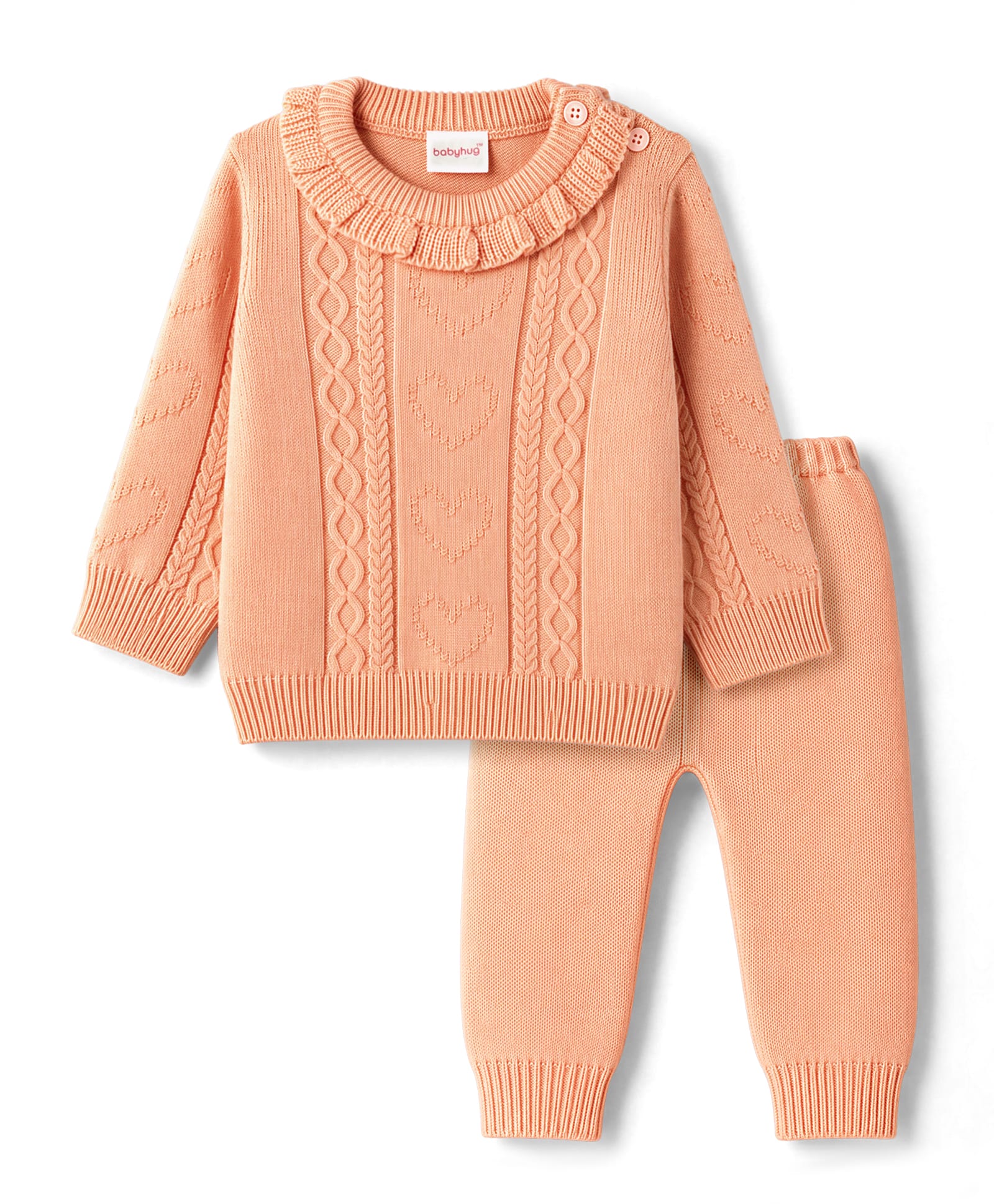 Babyhug Knitted Full Sleeves Sweater Set - Peach-picture-24