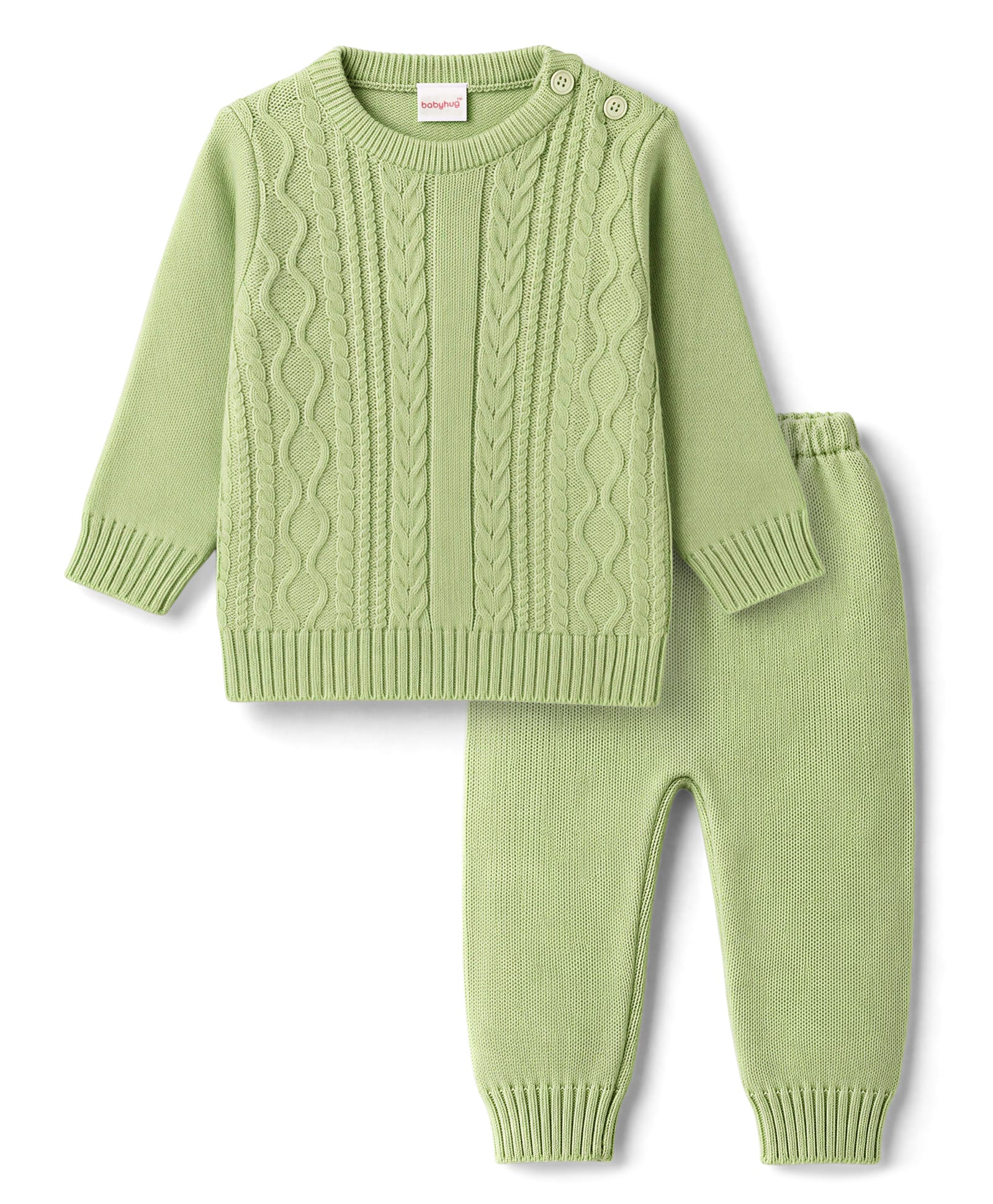 Babyhug Knitted Full Sleeves Sweater Set - Green-image-35
