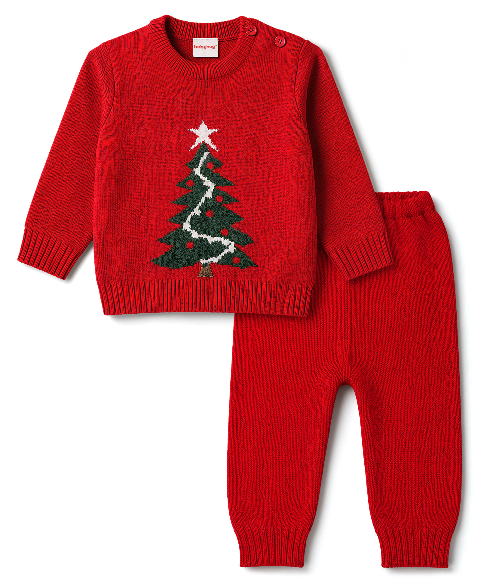 Babyhug Knitted Full Sleeves Sweater Set With Christmas Tree Design - Red-picture-16