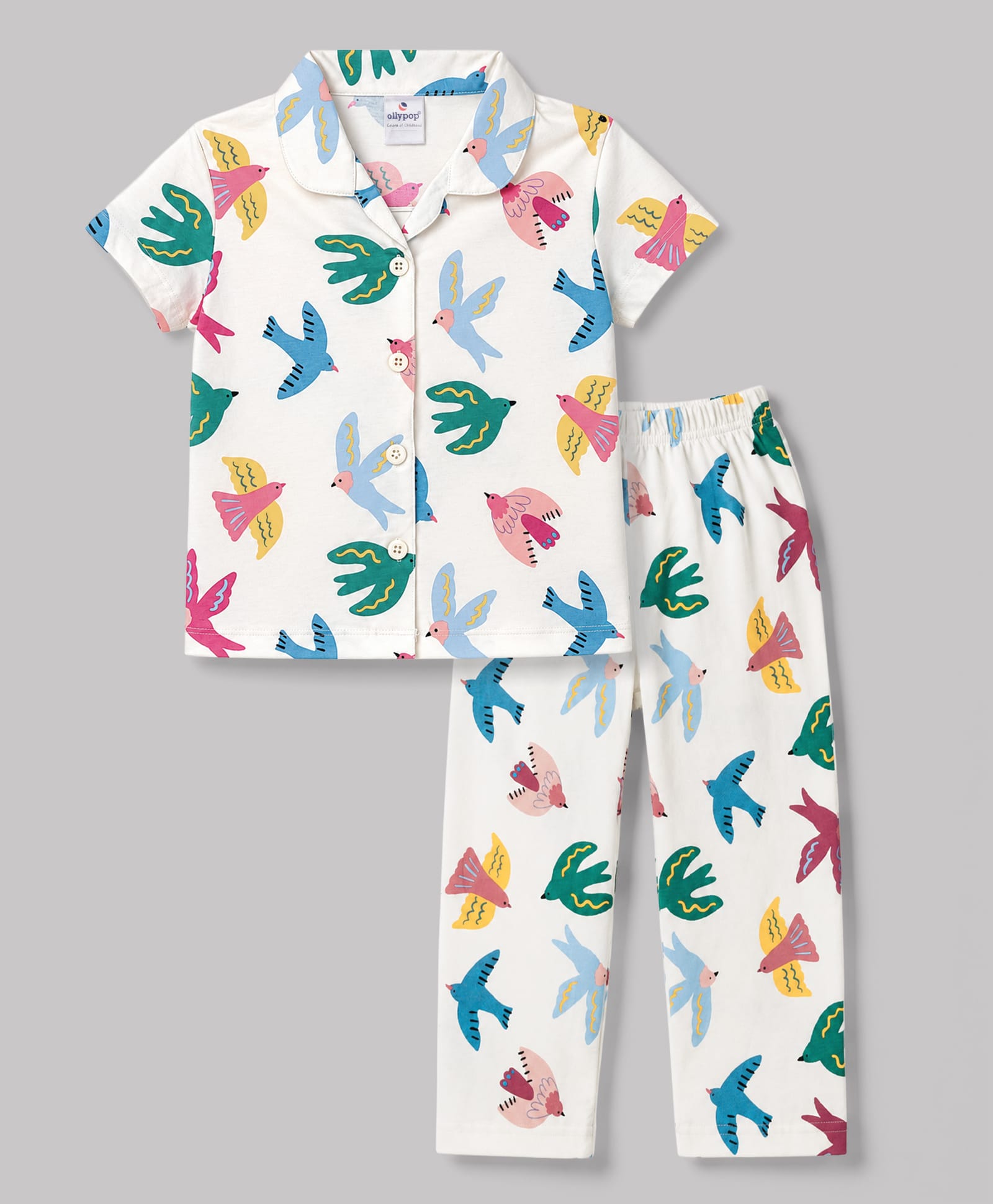 Ollypop Sinker Knit Full Sleeves Shirt & Pyjama Co-ords Night Suit With Bird Print - White-picture-27