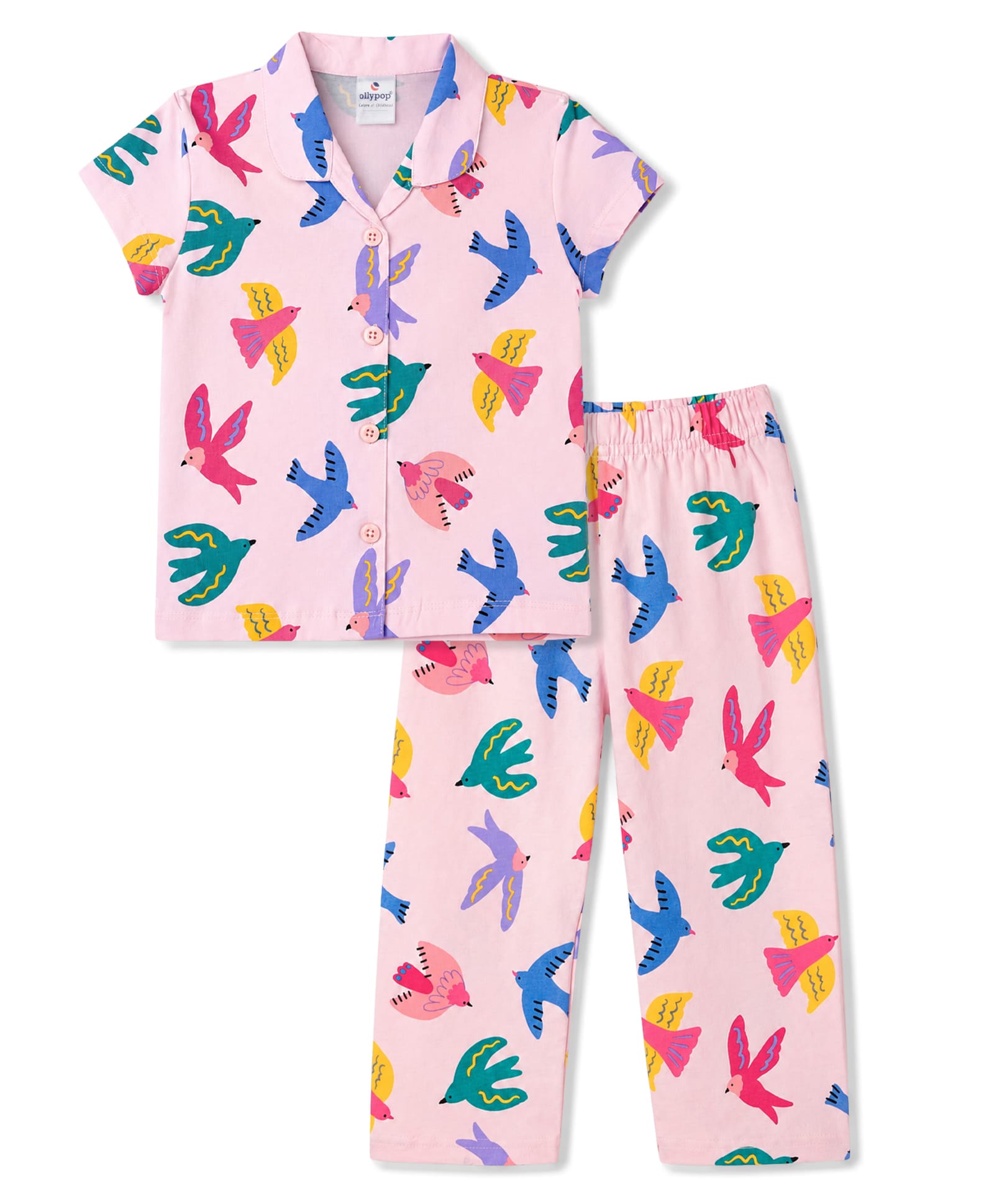 Ollypop Sinker Knit Full Sleeves Shirt & Pyjama Co-ords Night Suit With Bird Print - Pink-picture-37