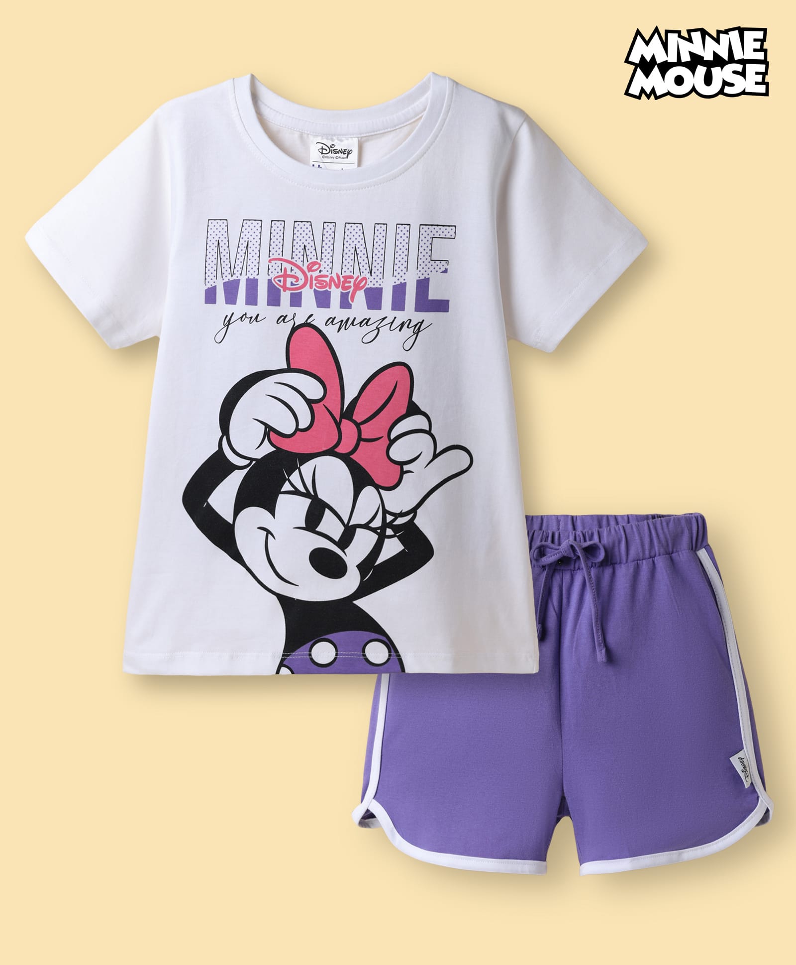 HoneyHap Disney 100% Cotton Knit Half Sleeves T-Shirt & Shorts Night Suit With Minnie Mouse Graphic - Purple-image-14