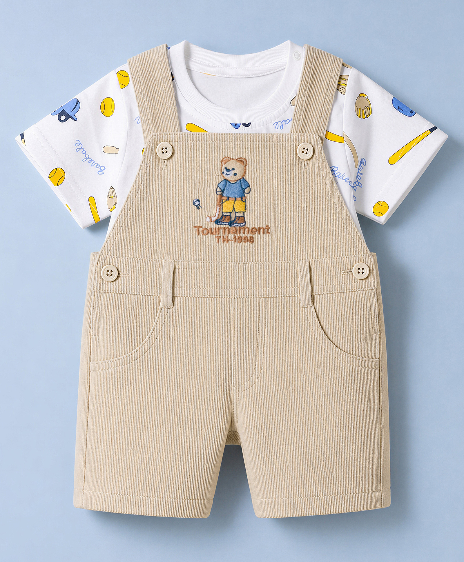ToffyHouse Cotton Knit Dungaree & Half Sleeves T-Shirt With Baseball Print & Teddy Bear Embroidery - Beige-image-42