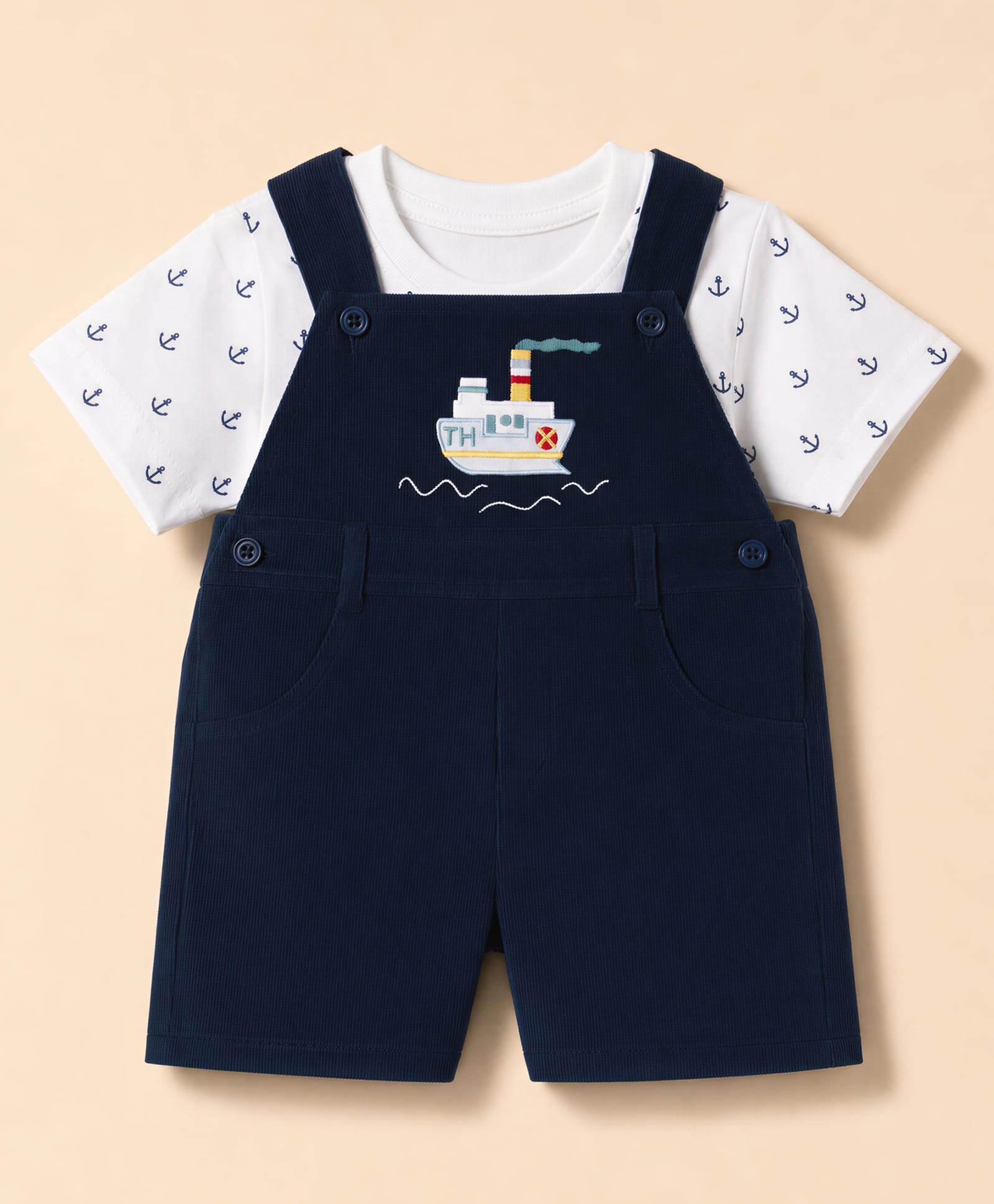 ToffyHouse Interlock Knit Half Sleeves T-Shirt & Dungaree with Boat Patch and Anchor Embroidery - Navy Blue & White-image-13