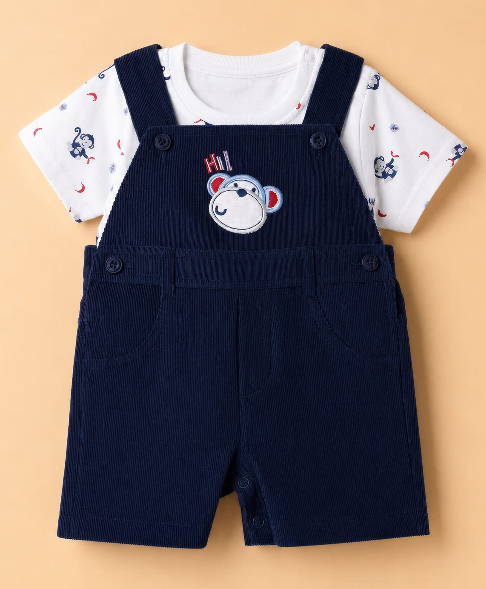 ToffyHouse Knitted Woven Half Sleeves Monkey Printed Inner Tee With Patch on Dungaree - Navy Blue-image-26