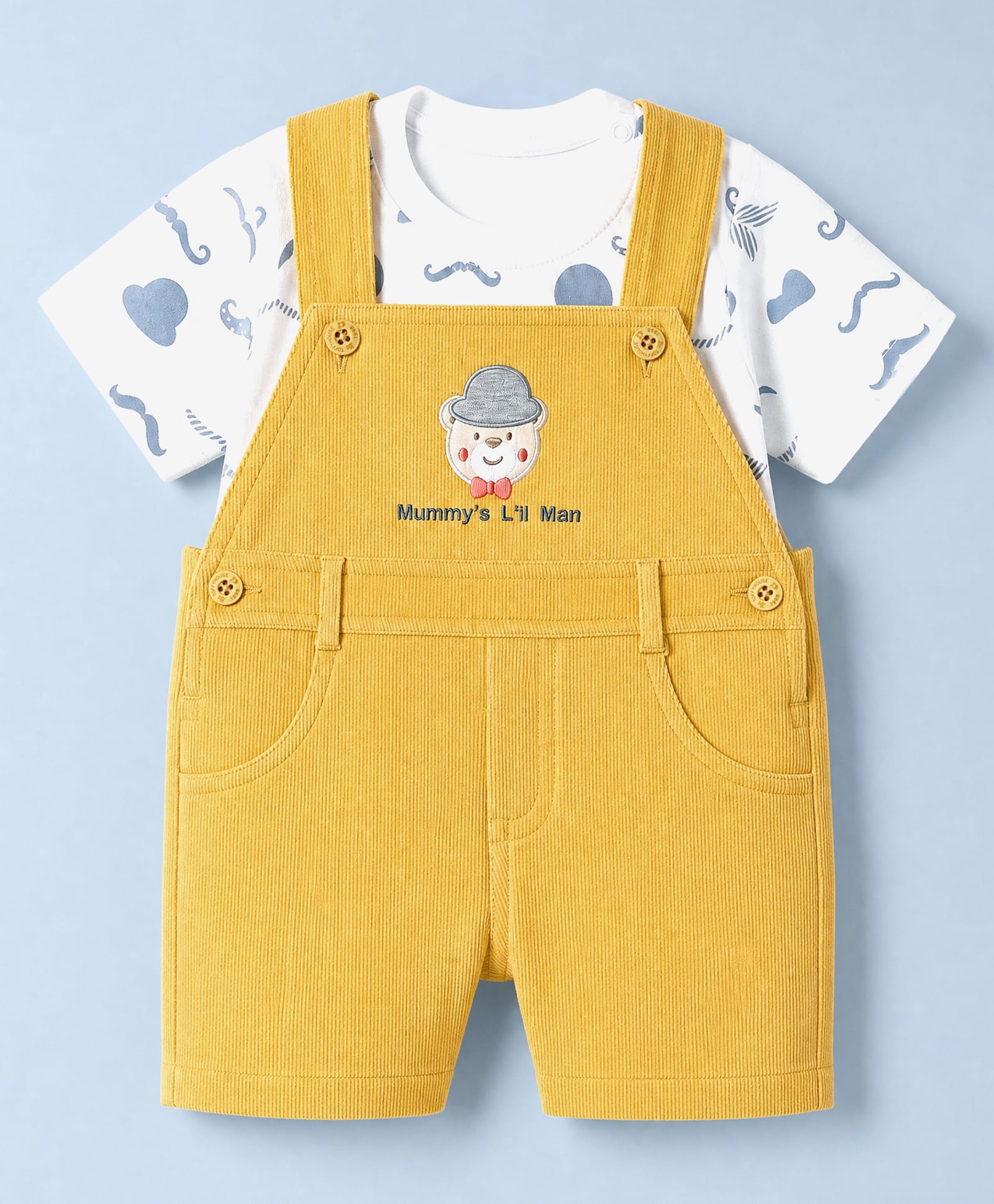 ToffyHouse Corduroy Woven Half Sleeves T-Shirt & Dungaree With Animal Embroidery & Moustache Print - Golden-picture-48