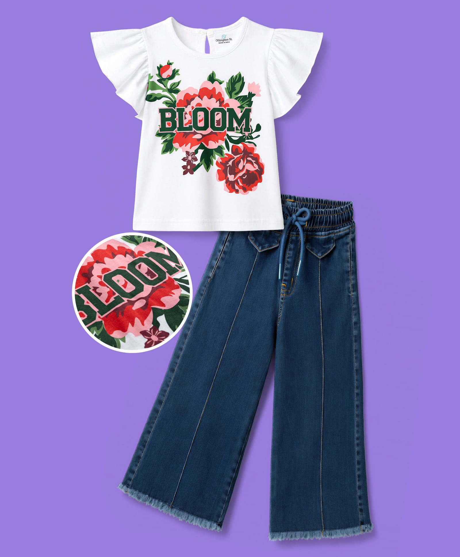 OLLINGTON ST. Cotton Knit Half Sleeves Top With Print & Stretchable Denim Culottes Set - White & Indigo-image-29