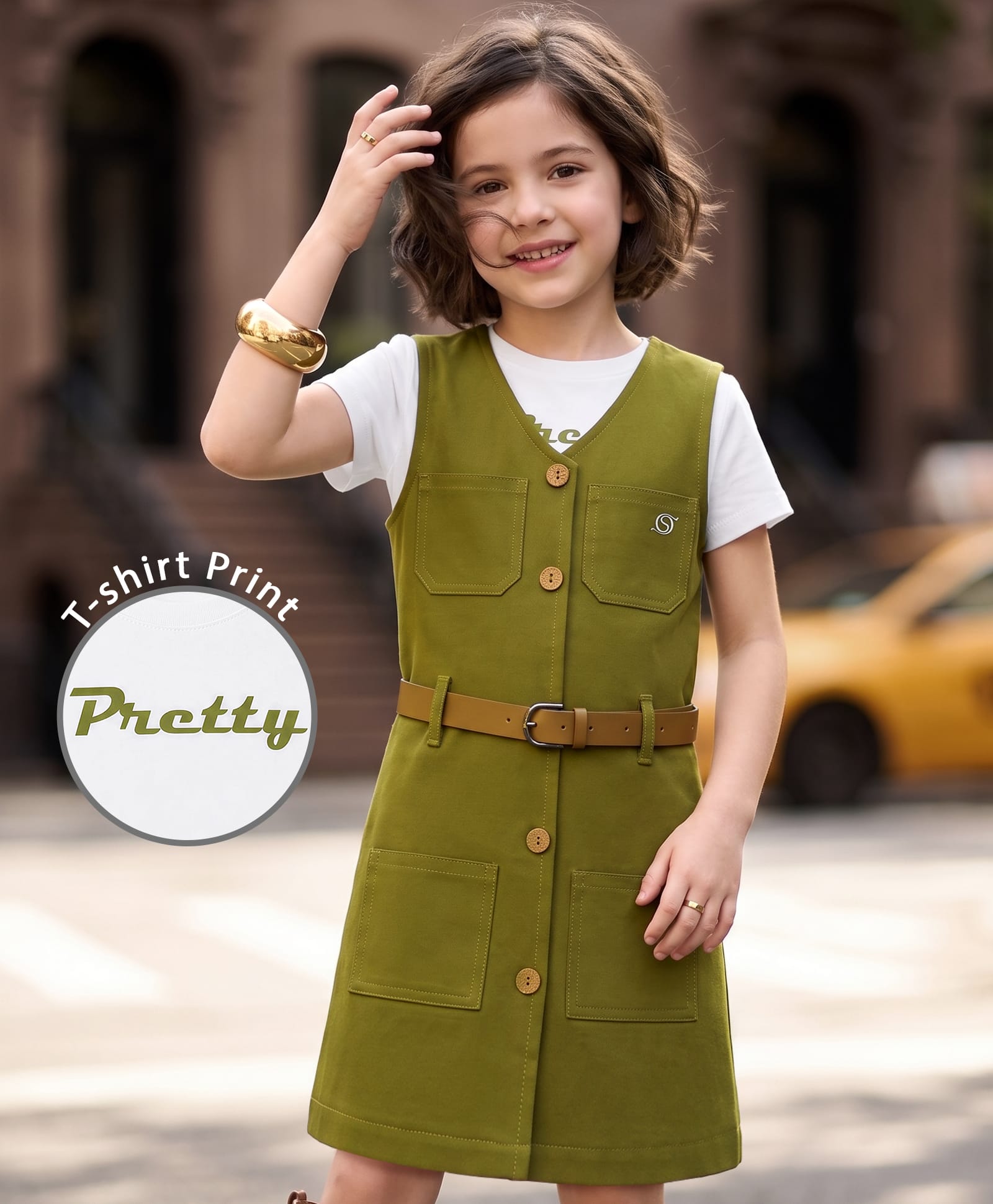 OLLINGTON ST. Cotton Twill Knit Woven Pinafore Dress and Half Sleeves Text Print Inner Tee with Belt - Olive Green-image-44