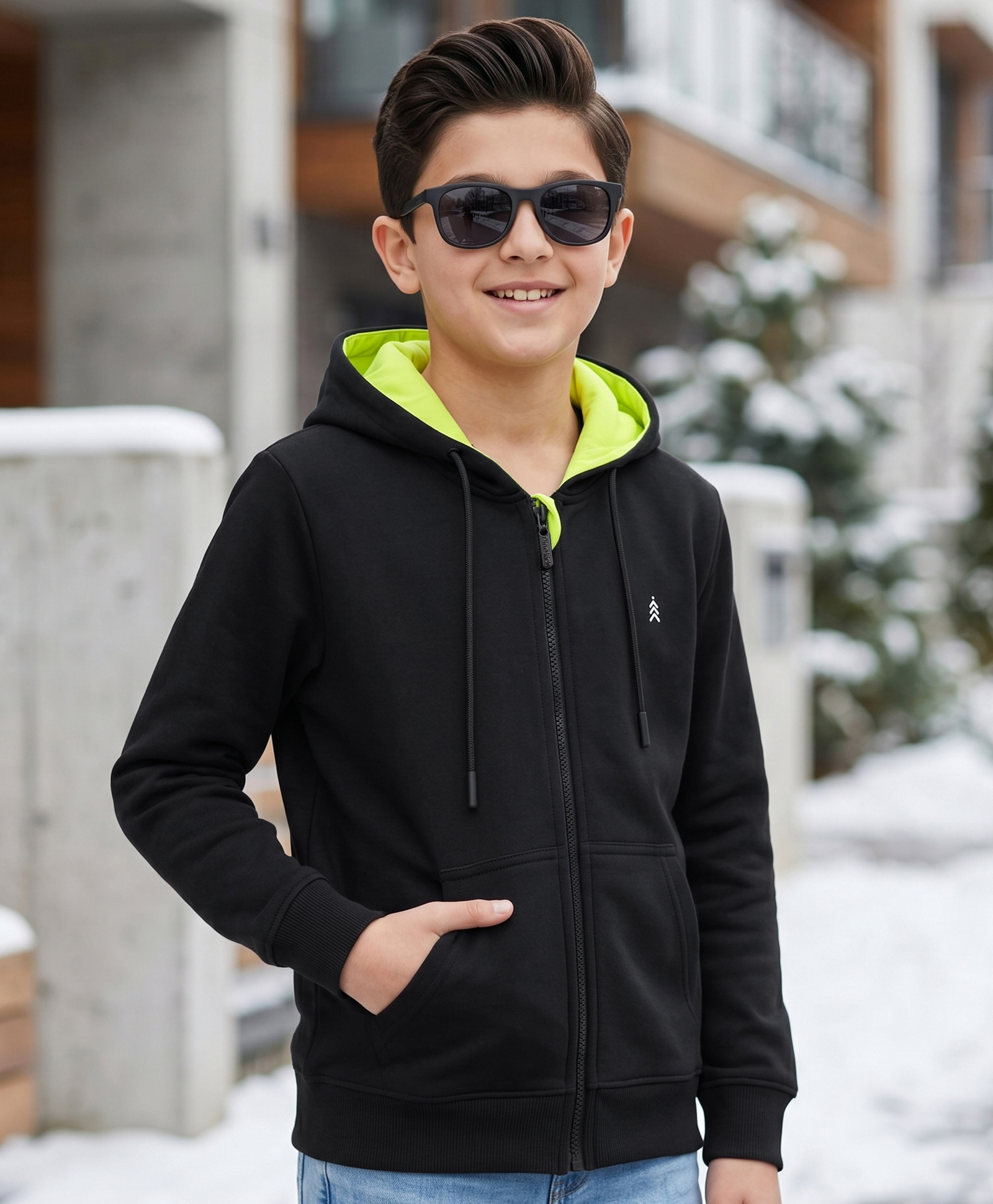 Pine Kids Knit Full Sleeves Hooded Solid Colour Sweat Jacket with Kangaroo Pockets - Black-picture-10