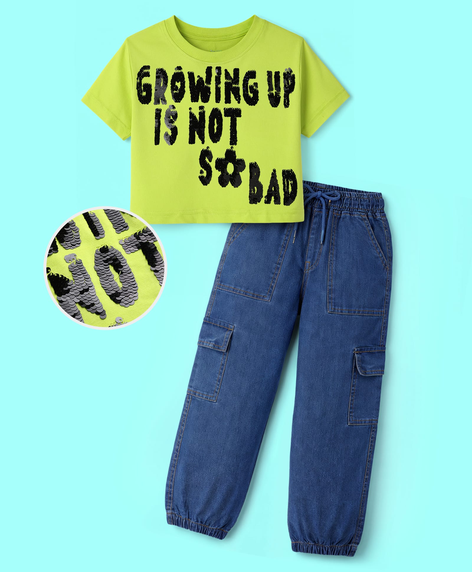 OLLINGTON ST. Cotton Knit Half Sleeves Top With Print & Denim Joggers Set - Lime & Blue-image-18