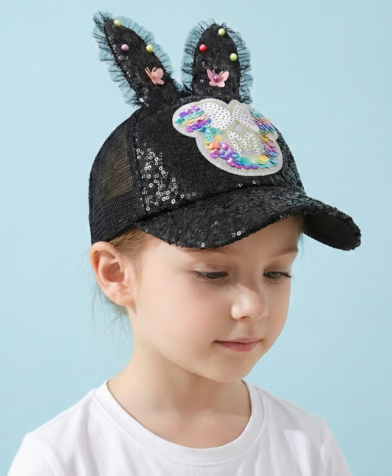 Vritraz Net Knit Bunny Applique Detailed Sequins Embellished Baseball Cap - Black - Circumference 52 - 56 Cm-picture-22